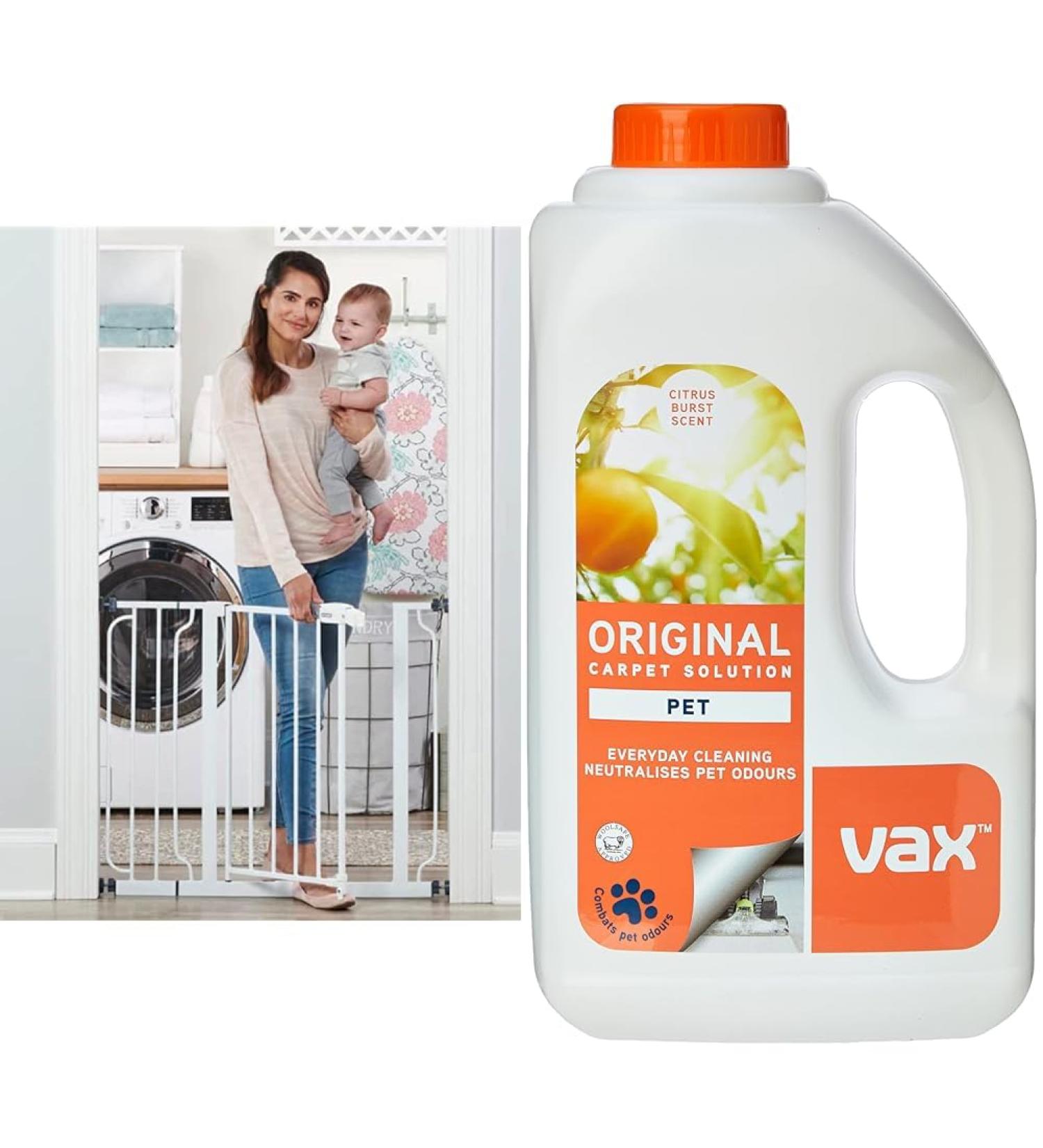 Regalo Easy Step Walk Thru Gate White Fits Spaces between 29" to 37.5" wide and 30" height. & Vax Original 1.5L Carpet Cleaner Solution | Suitable for Everyday Cleaning - Buy Online on SooperMarket.com