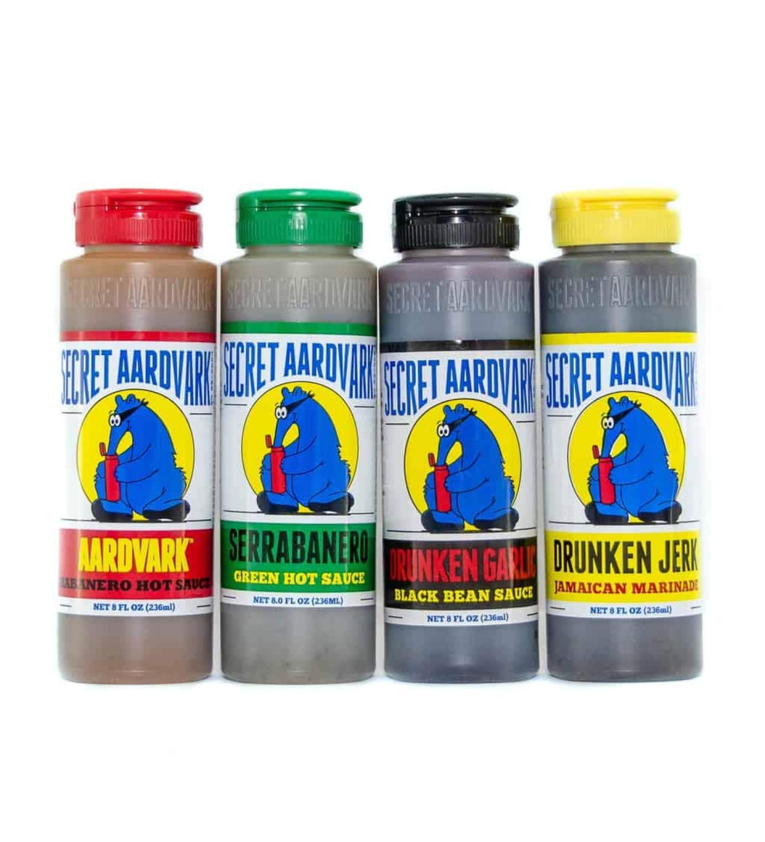 Secret Aardvark Hot Sauce Sampler Pack | Variety of Habanero, Drunken Jerk, Garlic Black Bean, Serrabanero | Non-GMO & Low Carb | 8 oz Bottles (4 Pack) - Buy Online on SooperMarket.com