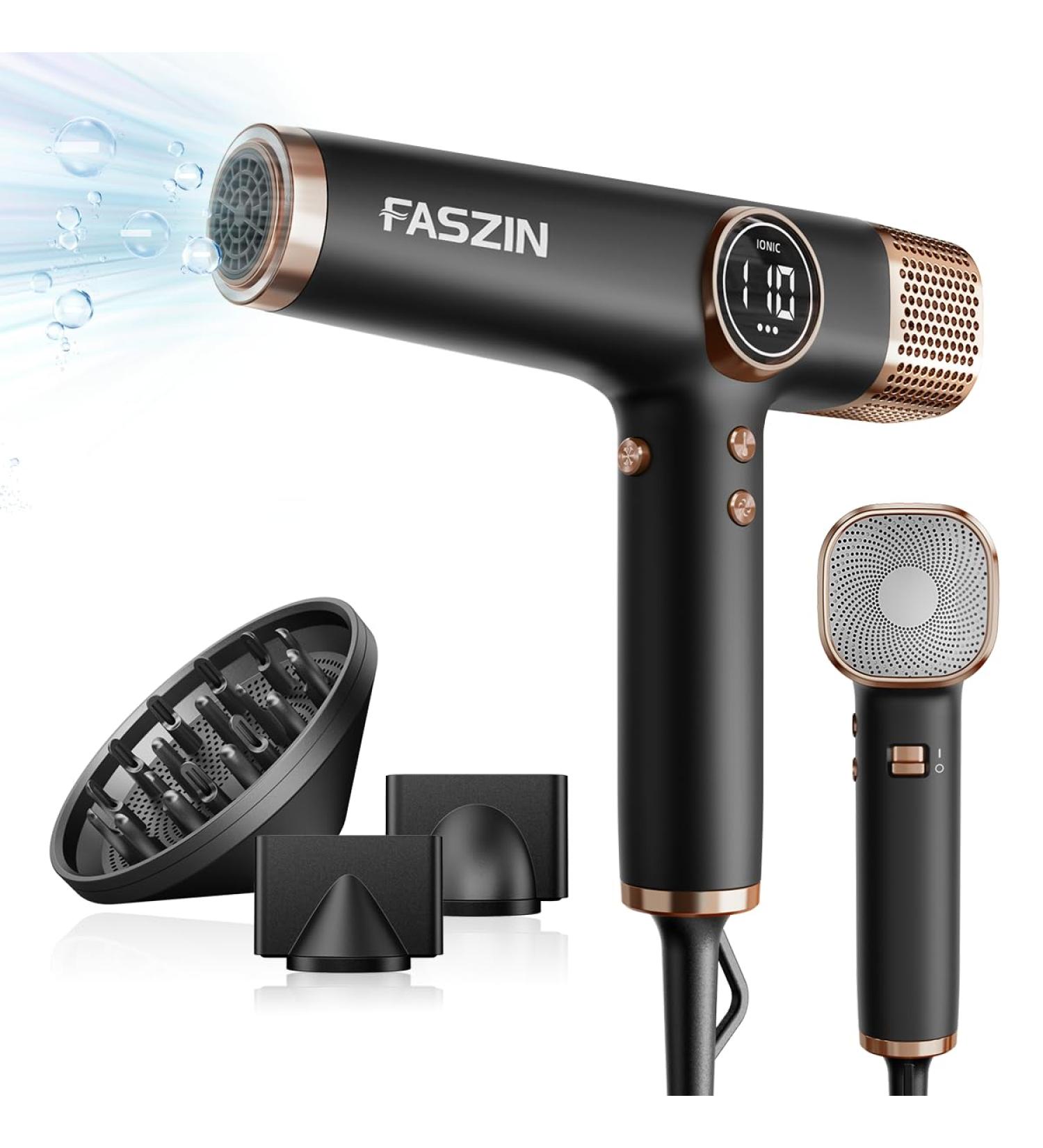 Faszin Lightweight Hair Dryer with High Speed Motor | Fast Drying Ionic Hairdryer for Women & Men | Low Noise, 3 Magnetic Nozzles | Black 29.50 24.50 8.80 cm - Buy Online on SooperMarket.com