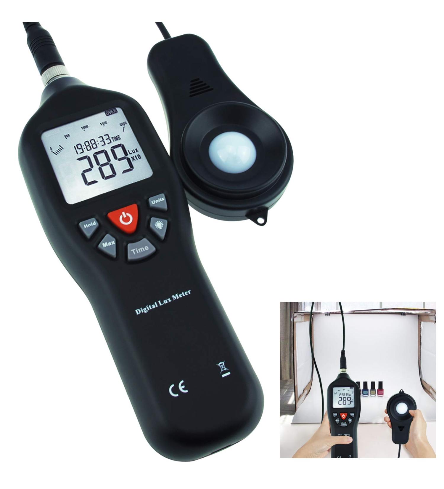 Digital Light Meter Lux Meter - Measurement Range 0-200,000 Lux - Detachable Sensor - Min/Max/Avg Functions - Data Record Function - CD Software & USB Power Cable - Buy Online on SooperMarket.com