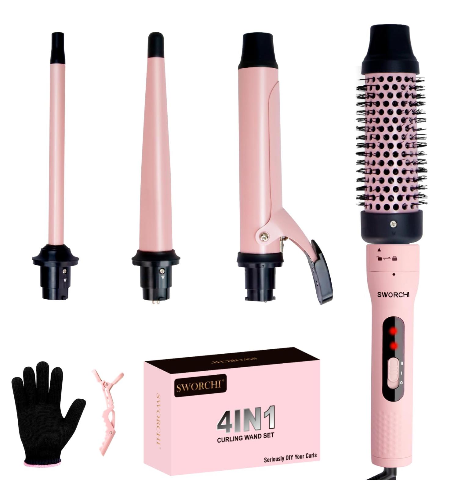 Curling Wand 4 in 1 Iron Set with Interchangeable Ceramic Barrels - Pink Curling Tongs and Straightener Brush for Long & Short Hairstyles - Women's Gift - Buy Online on SooperMarket.com