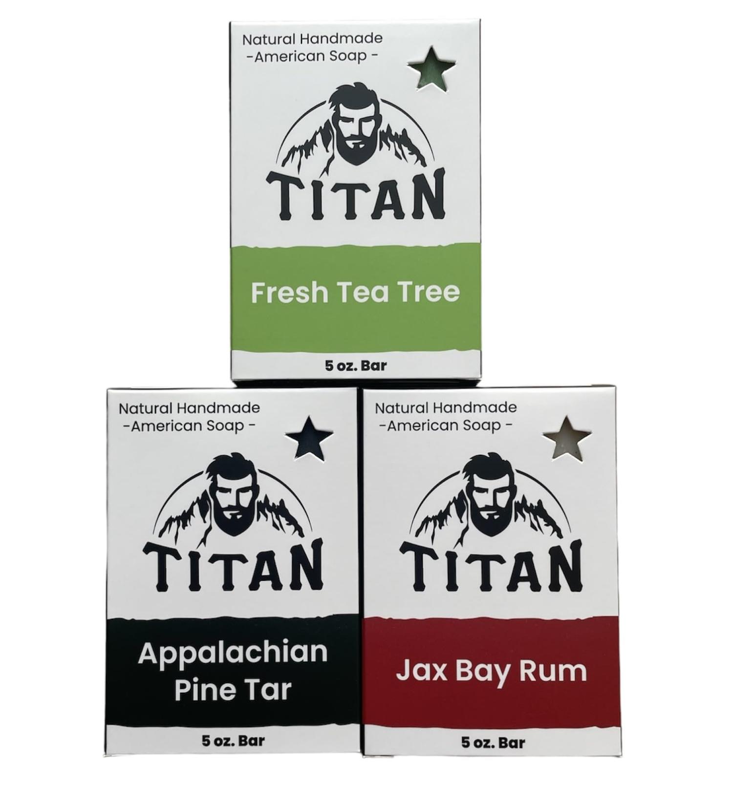 TITAN Natural Bar Soap for Men-Cold Process Soap Made With All Natural Ingredients-Handmade in America. (5 Ounce-Pack of 3 The Good Stuff Bundle) 5 Ounce-Pack of 3 The Good Stuff Bundle