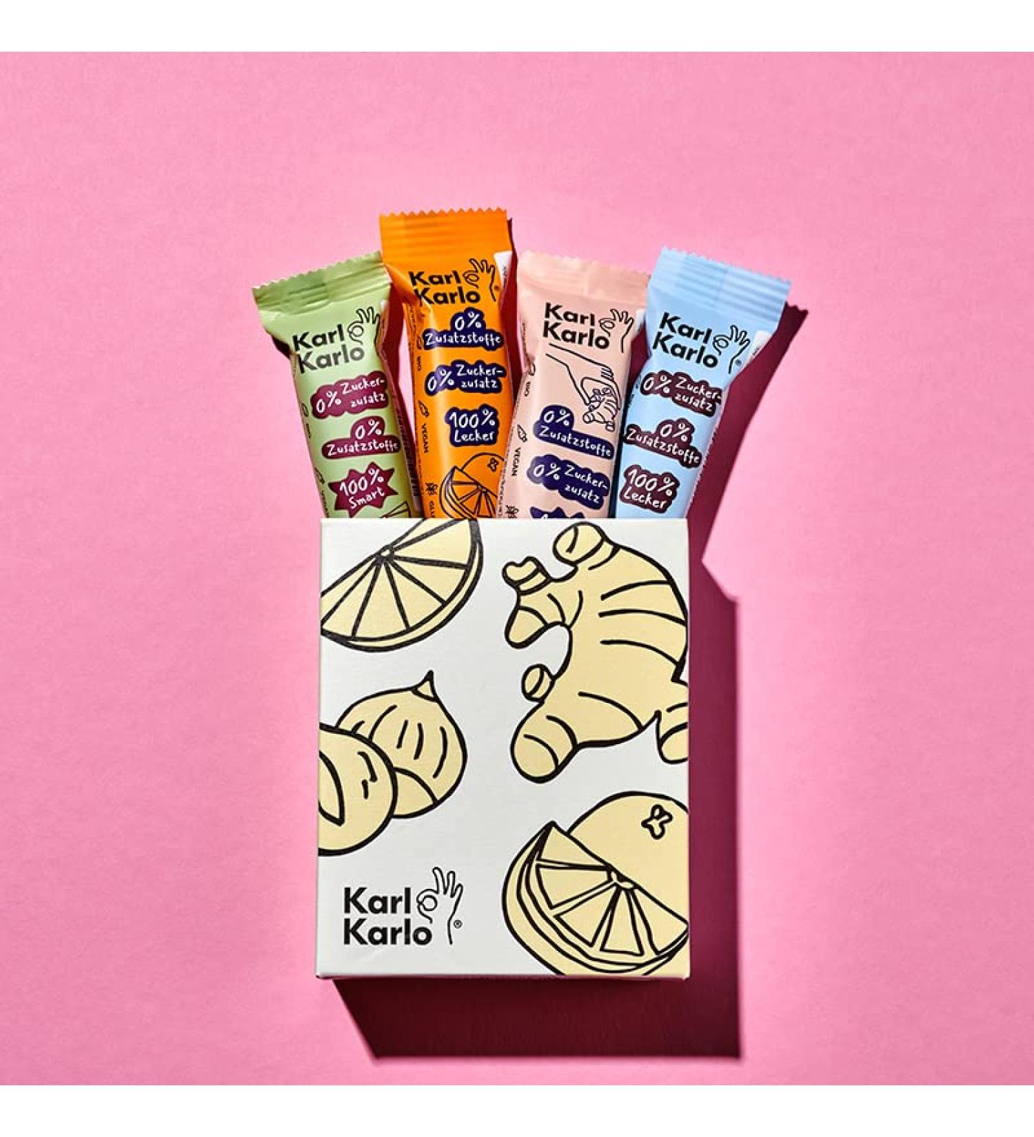 Buy Karl Karlo Vegan Fruchttriegel Tasting Package - Lemon Ginger Orange & Hazelnut (4 x 35g) | Gluten-Free Additive-Free Snacks | International Shipping Available - Buy Online on SooperMarket.com