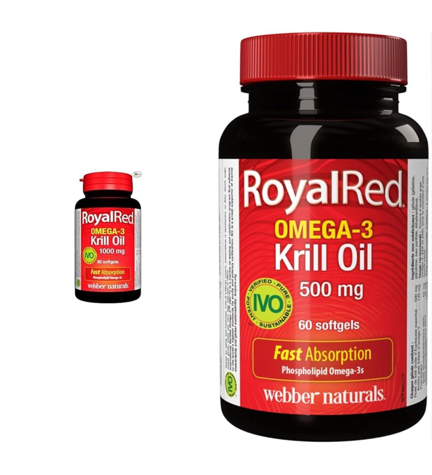 Webber Naturals RoyalRed Krill Oil 1000 mg 30 Softgels Supports Cardiovascular Health & RoyalRed Krill Oil 500 mg 60 Softgels Supports Cardiovascular Health and Brain Function Antioxidant Support - Buy Online on SooperMarket.com