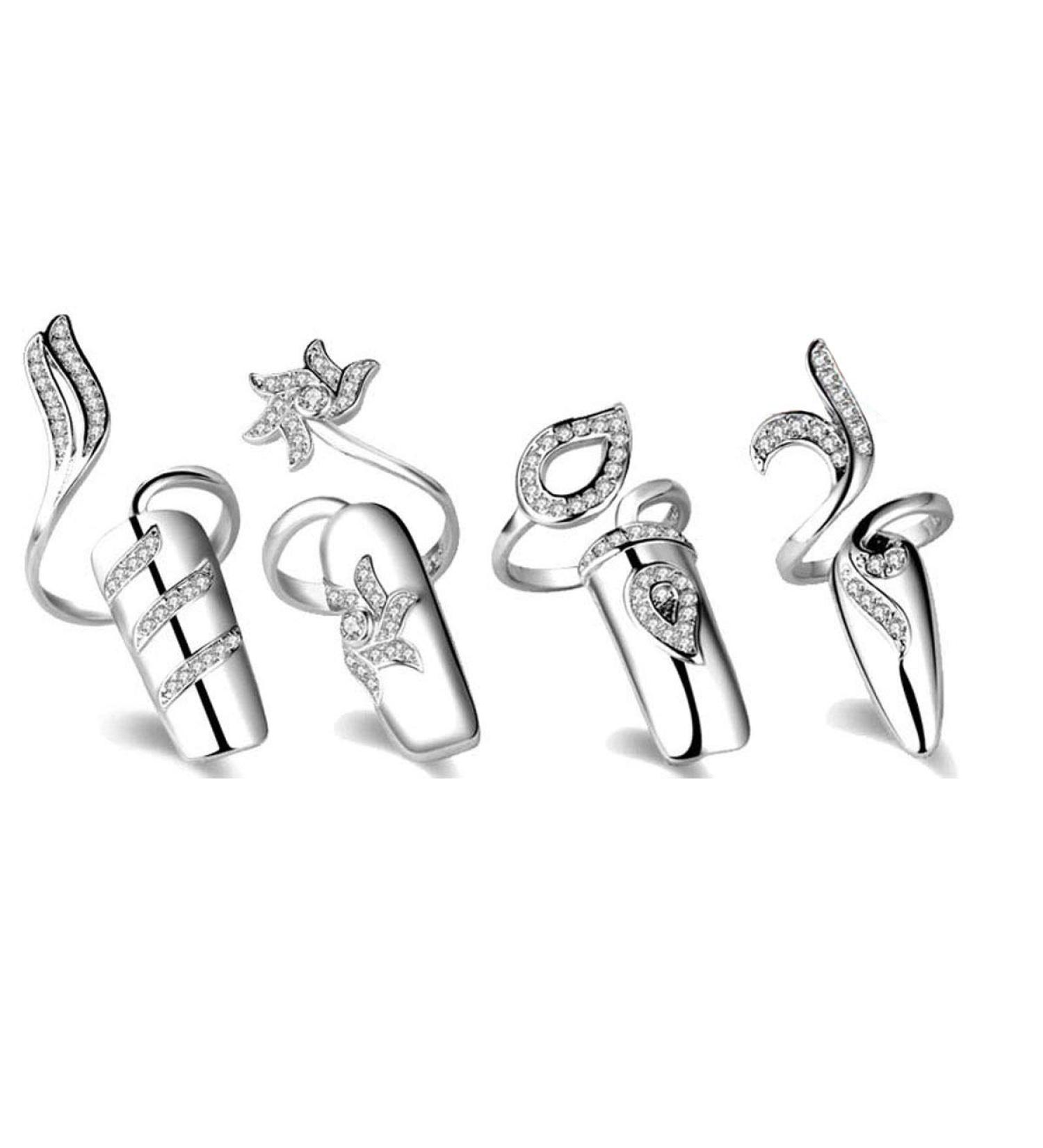 4 PCS Rhinestone Finger Tip Nail Rings - Adjustable Opening Nail Art Charms in Silver Women's Fashion - Buy Online on SooperMarket.com