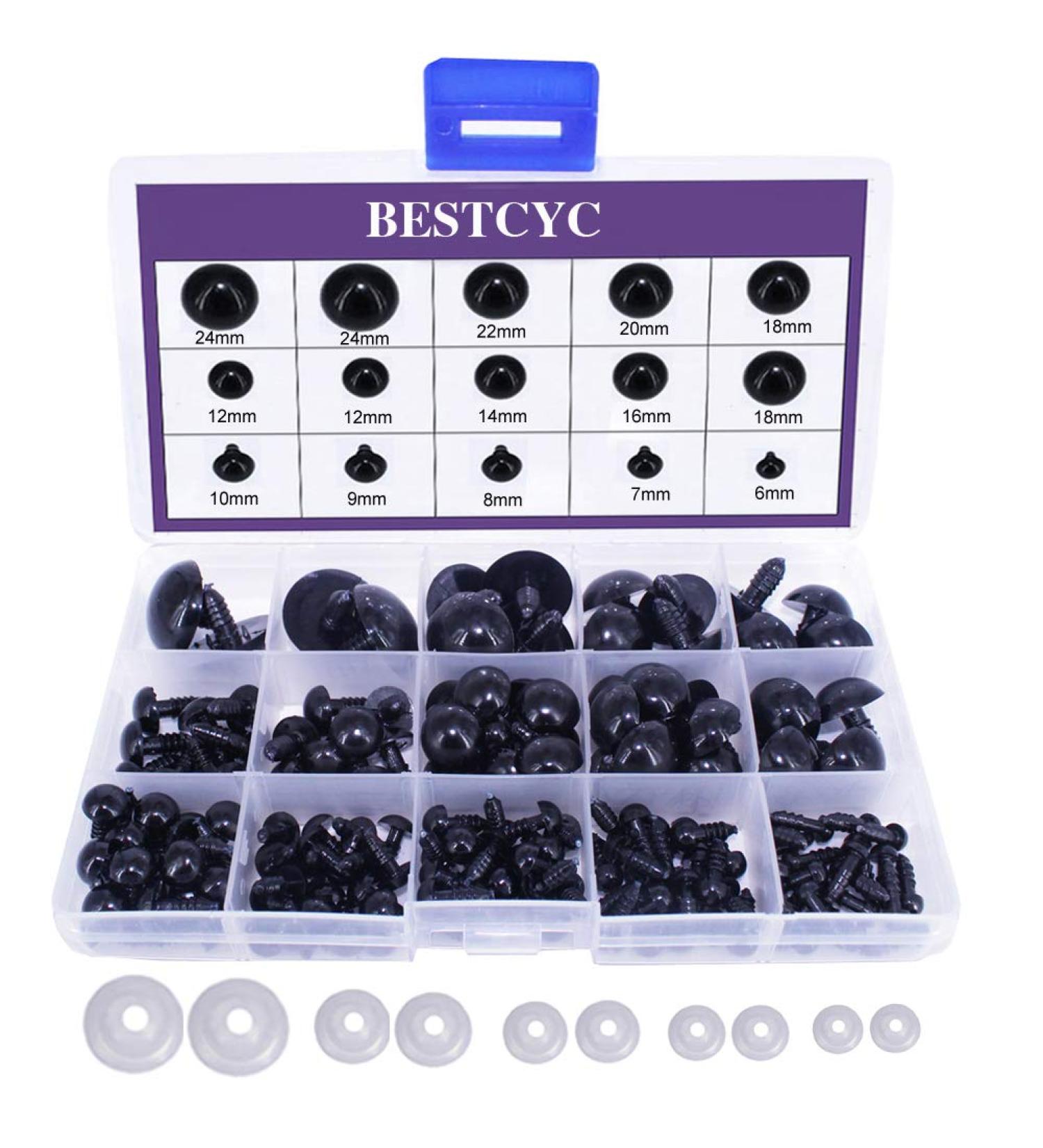 154pcs Black Solid Plastic Safety Eyes with Washers for DIY Crafts - Teddy Bear Dolls, Plush Animals, Puppets - 1Box - 12 Sizes - Buy Online on SooperMarket.com