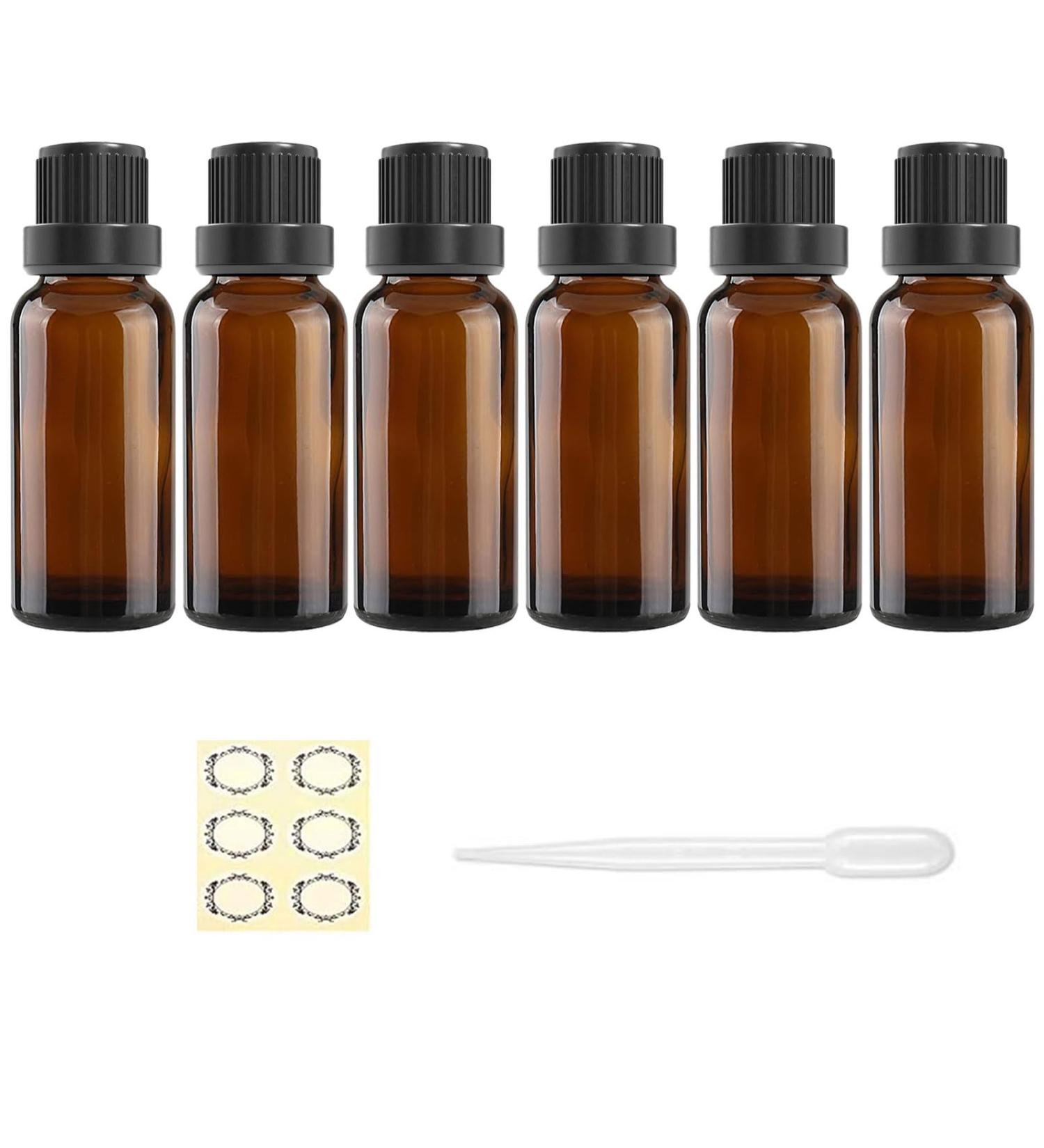 Alledomain 6Pcs 20ml Amber Glass Essential Oils Bottles with Black Cap/Dropper/Label Empty Bottle Refillable Sample Container for Massage oil/Aromatherapy/Perfume/Fragrance Carrier Oil 6pcs * 20ml - Buy Online on SooperMarket.com