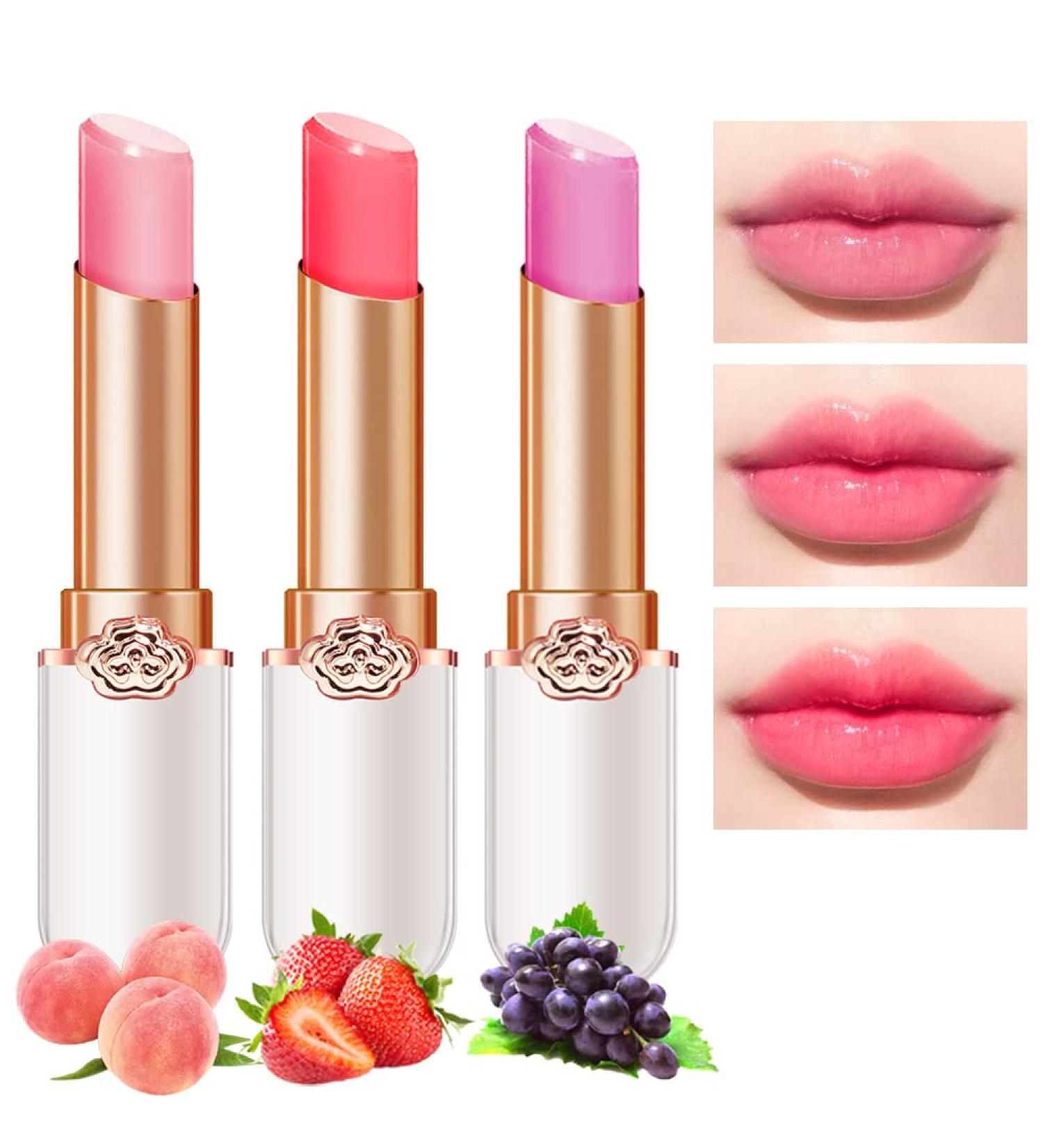 3Pcs Korean Mood Lip Balm Gift Set - Long Lasting Color Change Lipstick Stain - Peach, Strawberry, Grape Tinted Lip Balms - pH Lip Color Changing Gloss for Women & Girls - 3 Count Pack - Buy Online on SooperMarket.com