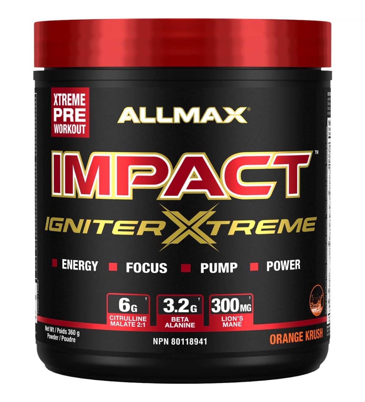 ALLMAX Nutrition - Impact Igniter Xtreme Pre Workout Powder - with Citrulline Malate Beta - Alanine Caffeine Taurine and Betaine anhydrous - Orange Krush - 360g - Buy Online on SooperMarket.com