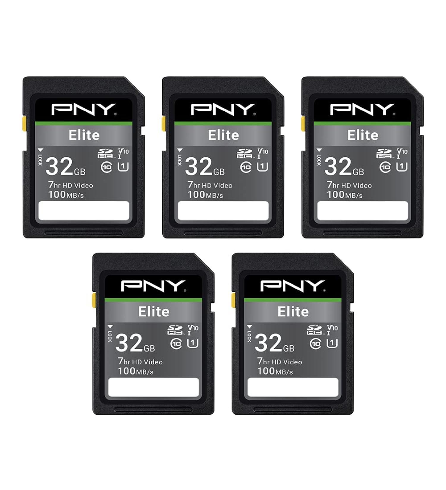 PNY 32GB Elite Class 10 U1 V10 SDHC Flash Memory Card 5-Pack - 100MB/s Read, Full HD, UHS-I, Full Size, 32GB - 5 Pack - Buy Online on SooperMarket.com