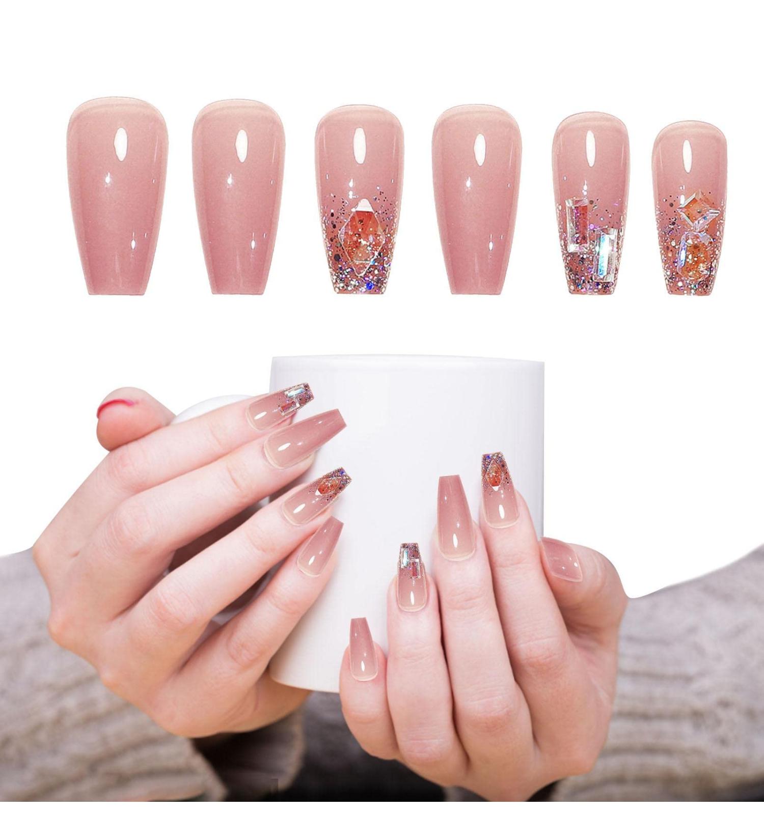 Glossy Fake Nails | Long Stick on Nails with Rhinestones | False Tips Artificial Finger Manicure for Women and Girls Kot-au - Buy Online on SooperMarket.com