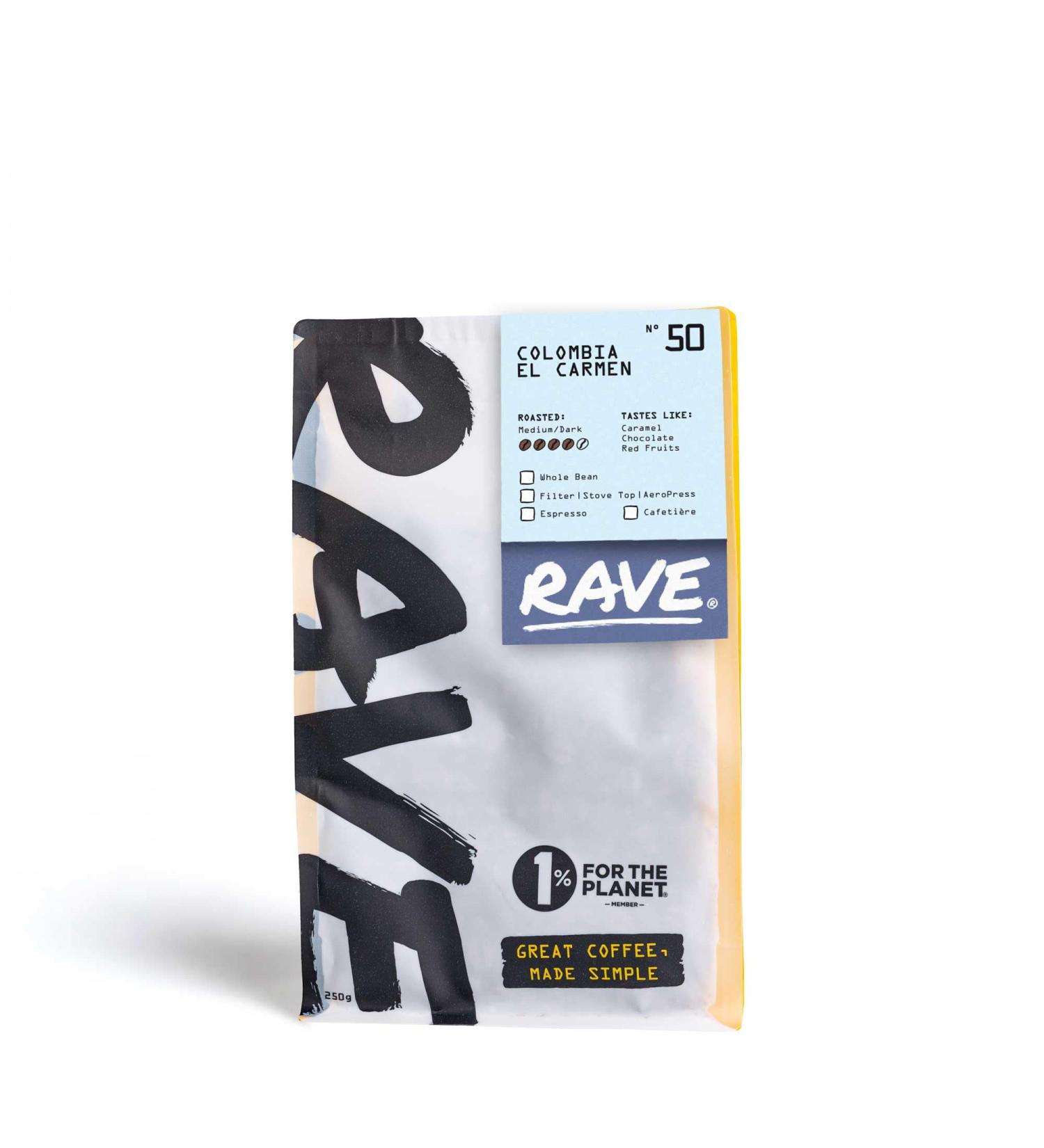 Rave Coffee - Colombia El Carmen N 50 Single Origin Espresso Grind Freshly Roasted and Ground Coffee 250g - Buy Online on SooperMarket.com