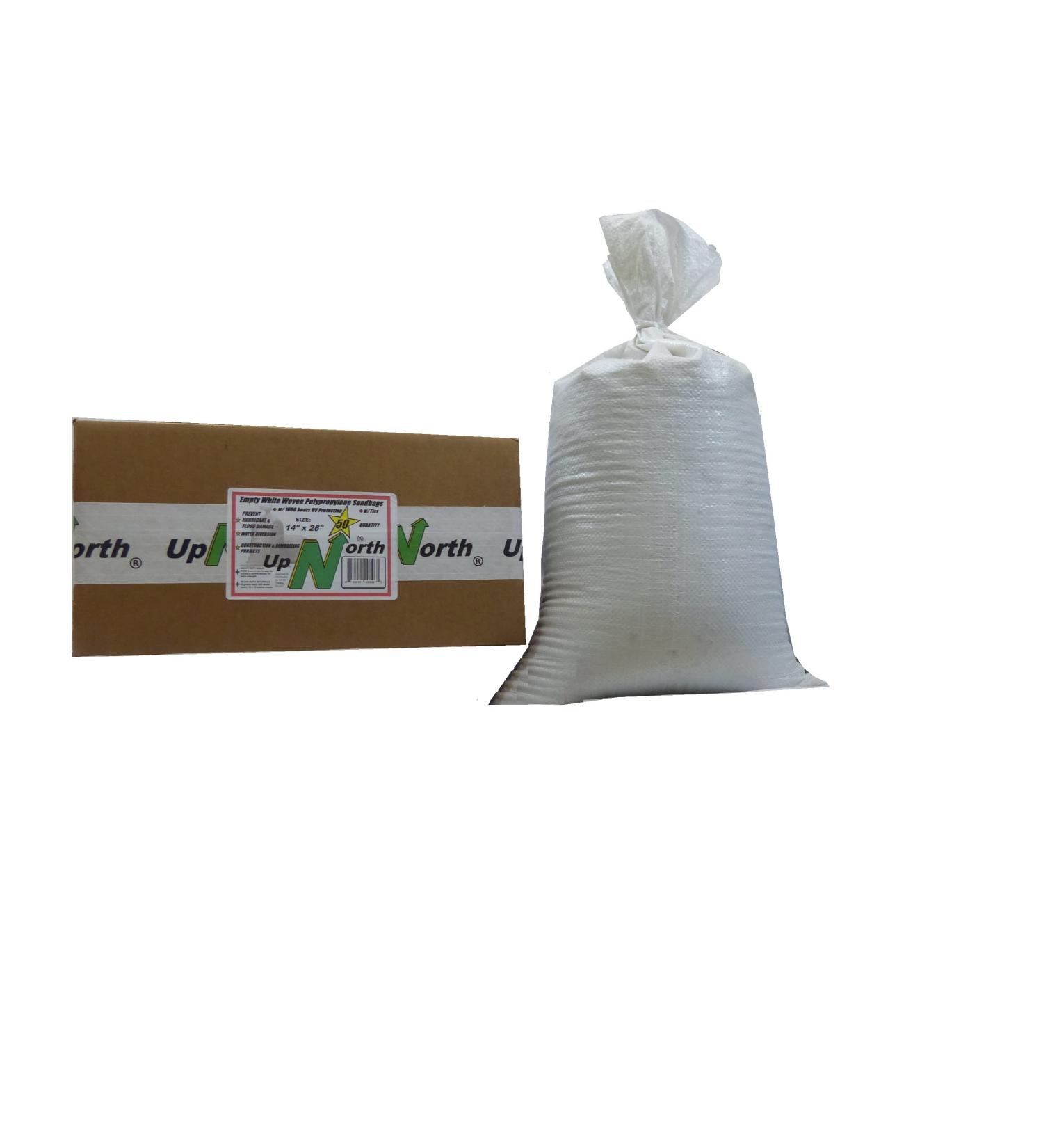 UpNorth Sandbags Box of 50 - Empty Woven Polypropylene Sand Bags with Ties - UV Protected - 14x26 White Color - Buy Online on SooperMarket.com
