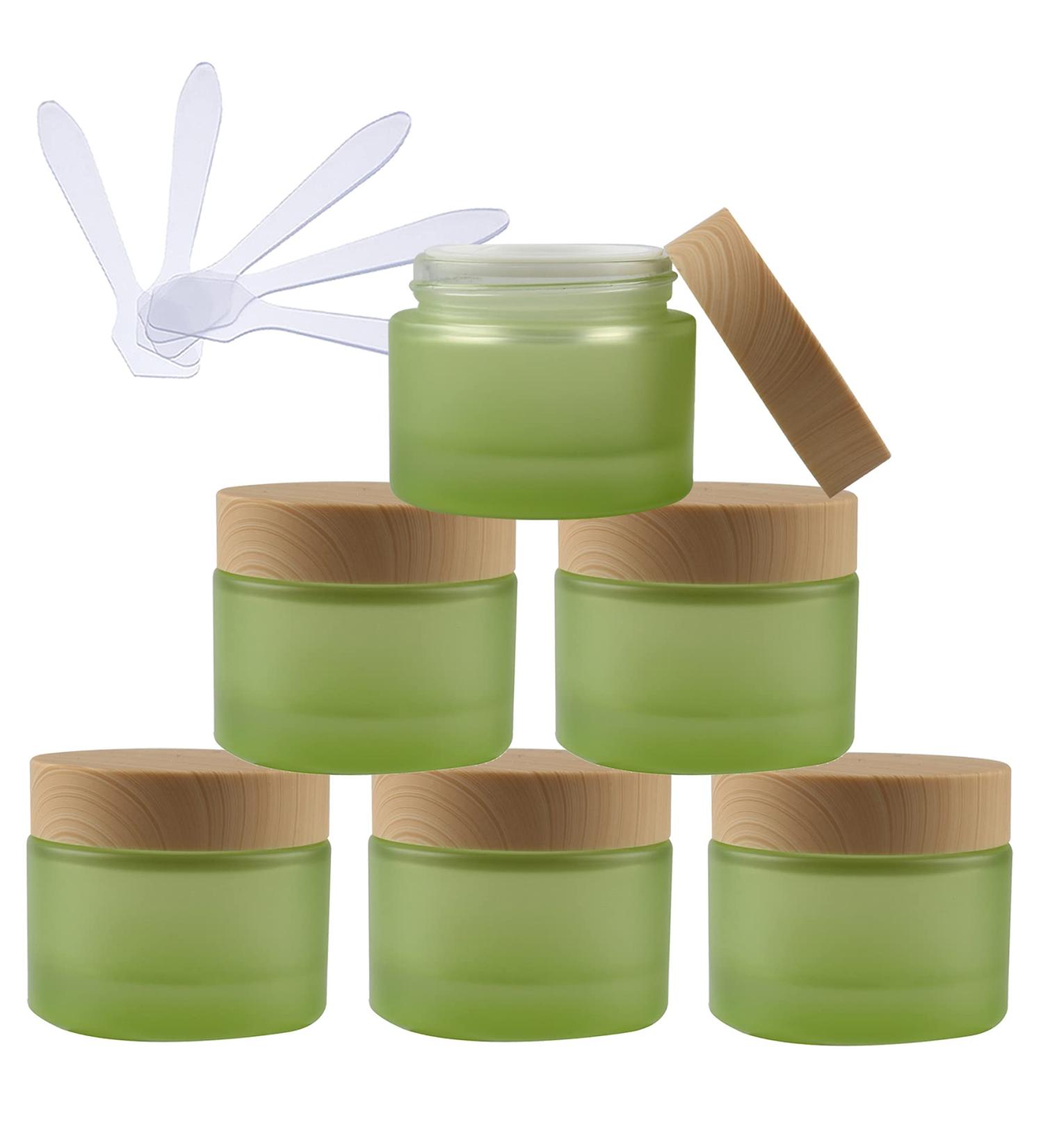 Tianzd 6 Pieces Empty 50ml Green Glass Cream Cans with Lid | Cosmetic Storage & Spatula Set | Ideal for Skin Care & Beauty Products - Buy Online on SooperMarket.com