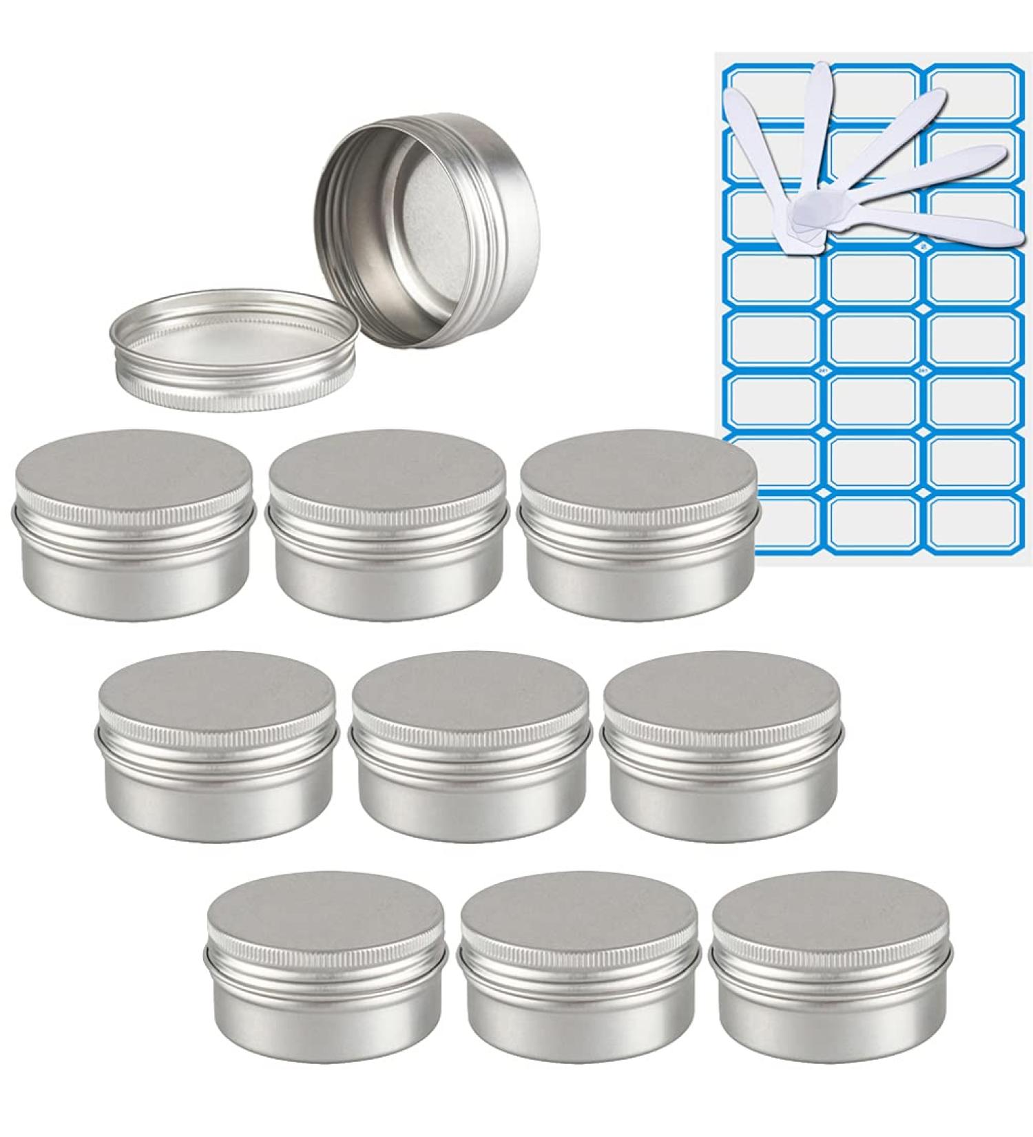 Zeoabsy 10-Piece 50ml Silver Aluminum Tins with Screw Caps - Perfect for Cosmetics Candles Ointments | Includes 5 Spatulas & Etiquette Label - Buy Online on SooperMarket.com