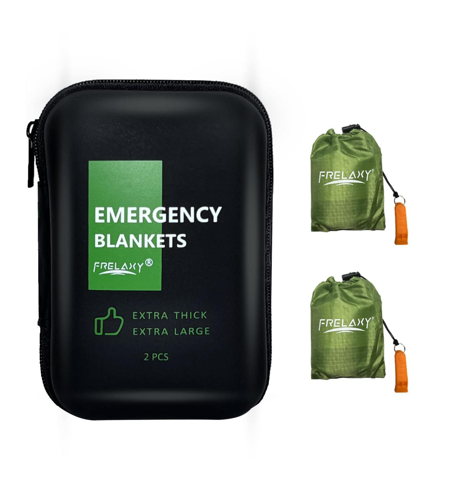 Frelaxy Emergency Blanket 2-Pack - Extra-Thick Large Space Blankets with Whistles & Storage Pouches - Army Green - Buy Online on SooperMarket.com