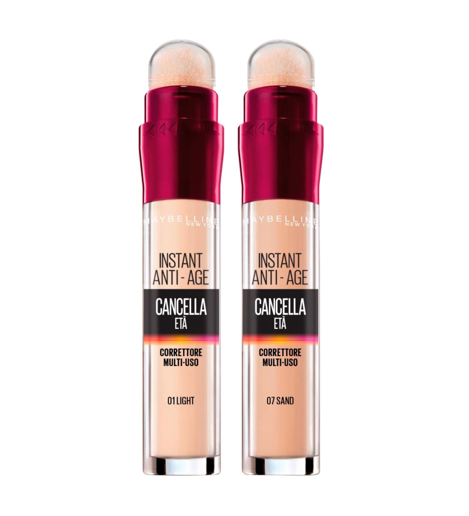 Maybelline New York Sponge Applicator & Erase Age Corrector Concealer 2-Pack | Instant Anti-Age Dark Circles 07 Sand + 01 Light - Buy Online on SooperMarket.com