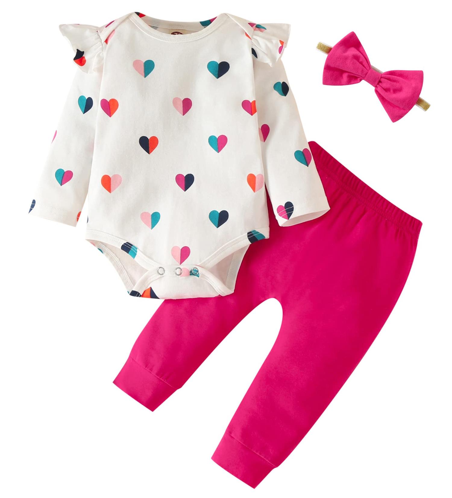 Koonde Baby Girl 3-Piece Outfit Set | Romper, Trouser & Headband | Cream Heart + Magenta | Sizes Newborn to 24 Months - Buy Online on SooperMarket.com