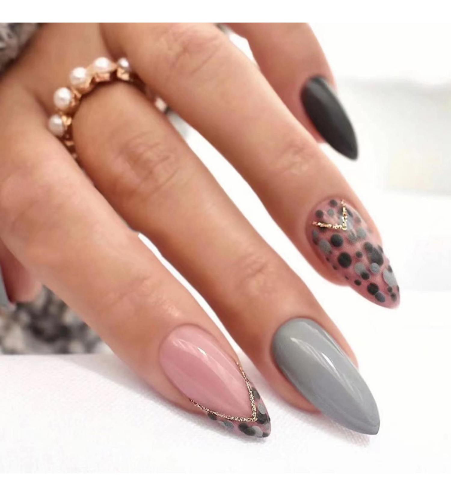 24 Pcs Animal Print Stiletto False Nails - Short Grey French Glitter Almond Nails with Nail Glue - Women's Nail Art Kit - Buy Online on SooperMarket.com