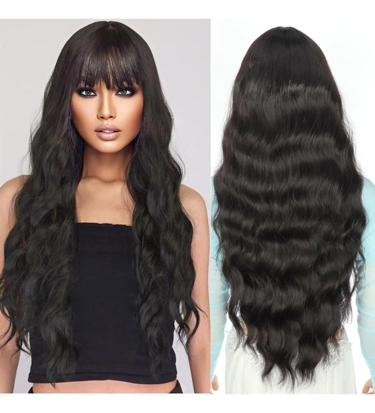 YEESHEDO Long Black Wigs with Fringe - Natural Looking 28 Inches Curly Wavy Synthetic Hair for Women - Ideal for Daily Wear and Halloween Cosplay - Buy Online on SooperMarket.com