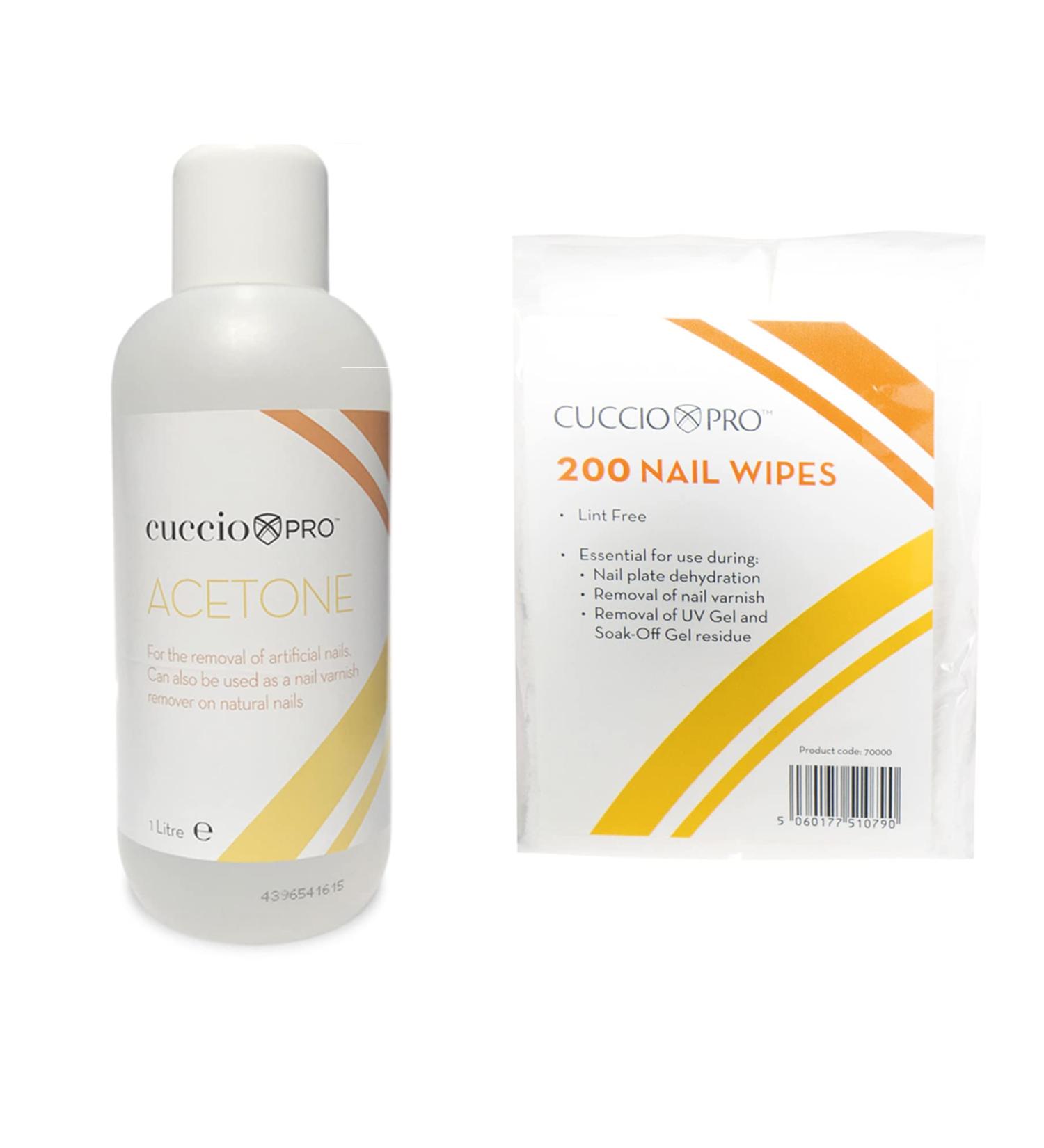 Cuccio 1 Litre Acetone and 200 Lint Free Nail Wipes Gel Removal Kit White - Buy Online on SooperMarket.com