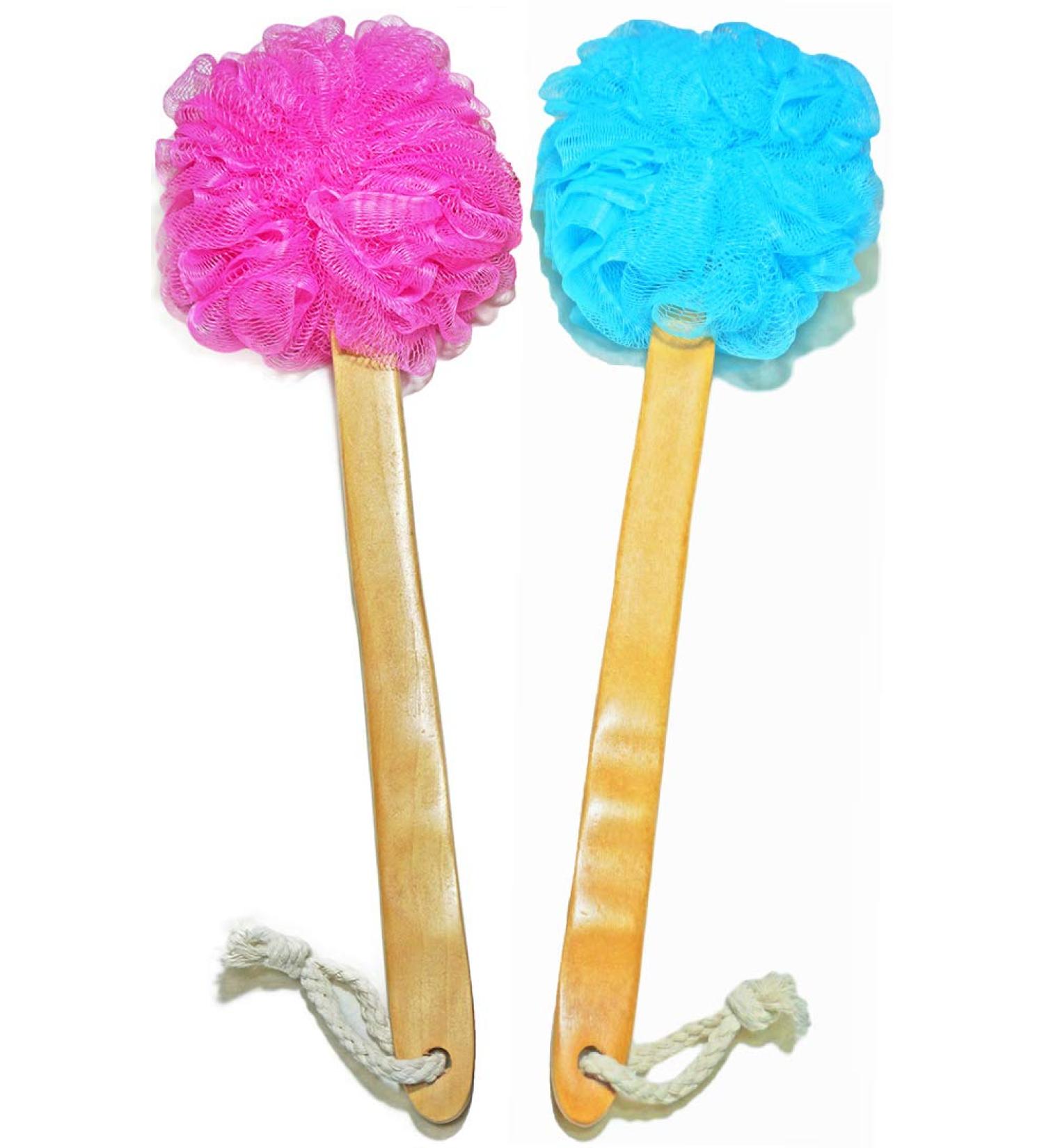 Shower Loofah Body & Back Scrubber - Exfoliating Bath Brush with Long Wooden Handle - 2 Pack Blue & Red - For Men & Women - Buy Online on SooperMarket.com