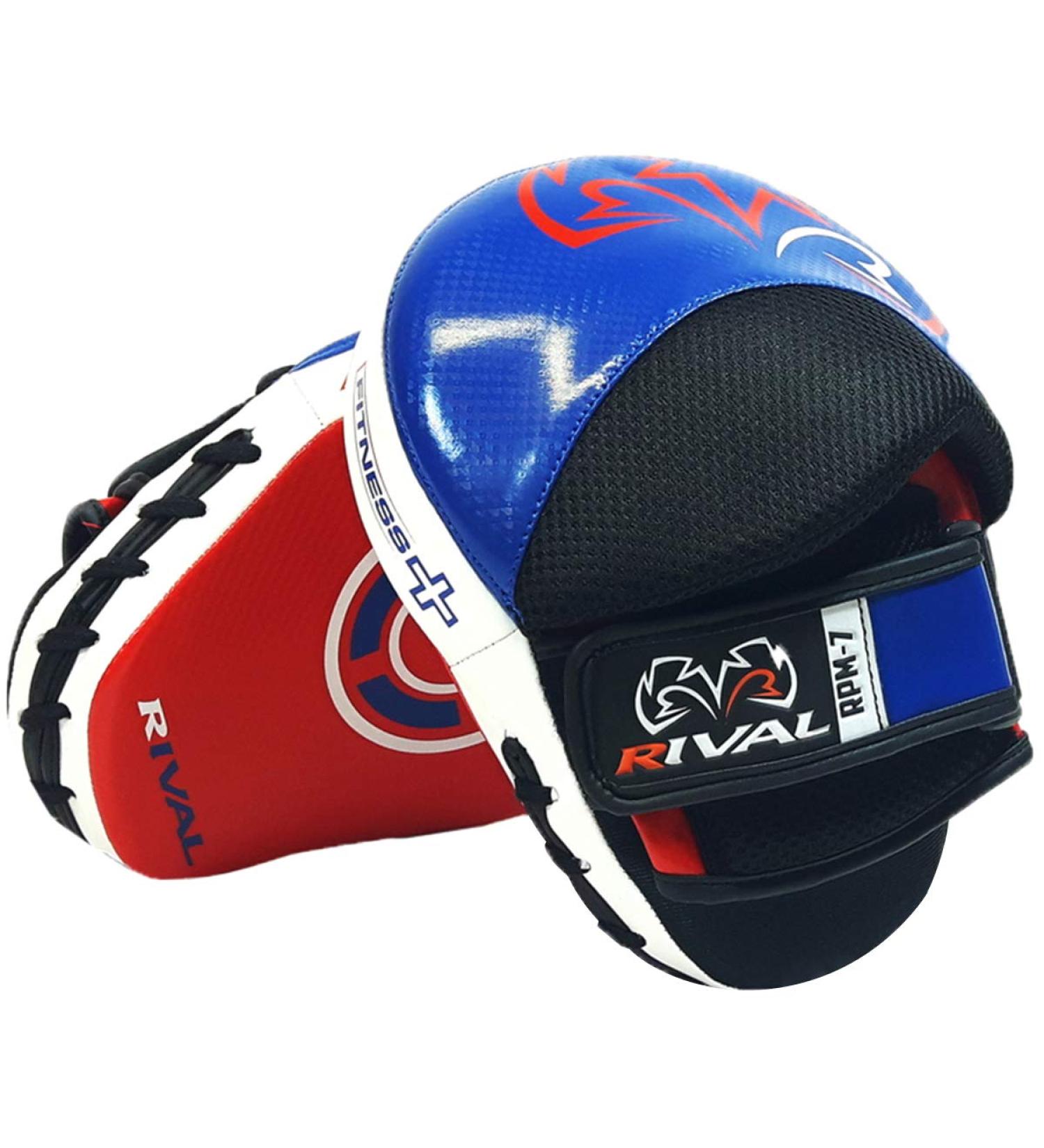 RIVAL Boxing RPM7 Fitness Plus Punch Mitts - Curved Striking Surface, Hook and Loop Wrist, Ergonomic Fit, and Padded Finger Protector Red/White/Blue