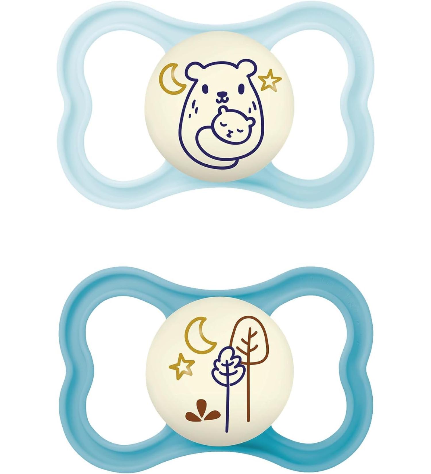 MAM Air Night Soothers 16+ Months (Pack of 2) Glow in the Dark Baby Soothers with Self Sterilising Travel Case Newborn Essentials Blue (Designs May Vary) Blue Night 1 12+ M Soother - Buy Online on SooperMarket.com