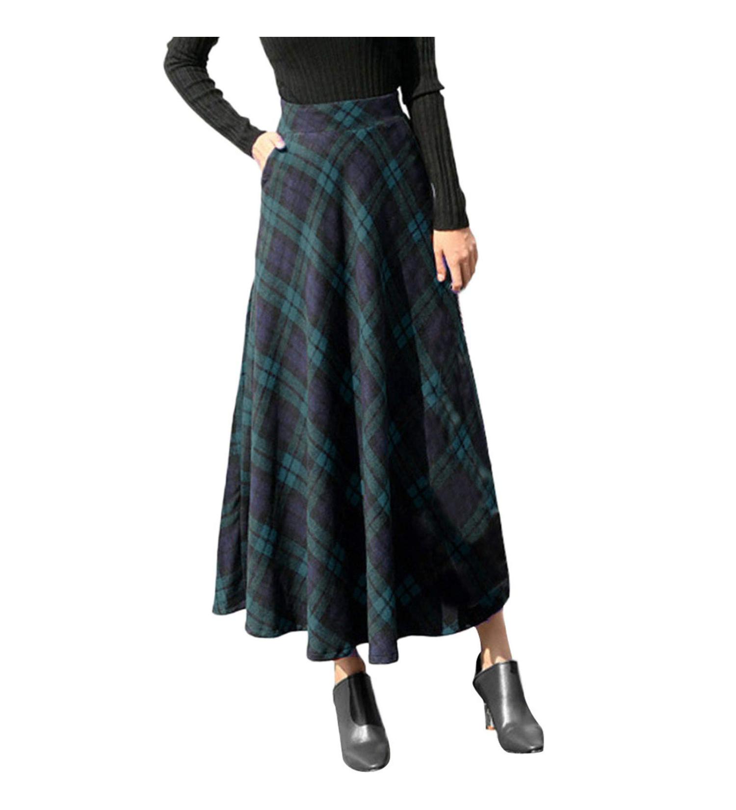 Sanahy Womens High Elastic Waist Plaid Wool Maxi Skirt - Winter Warm A-line Flare Midi Skirt with Pockets in Blue - Buy Online on SooperMarket.com