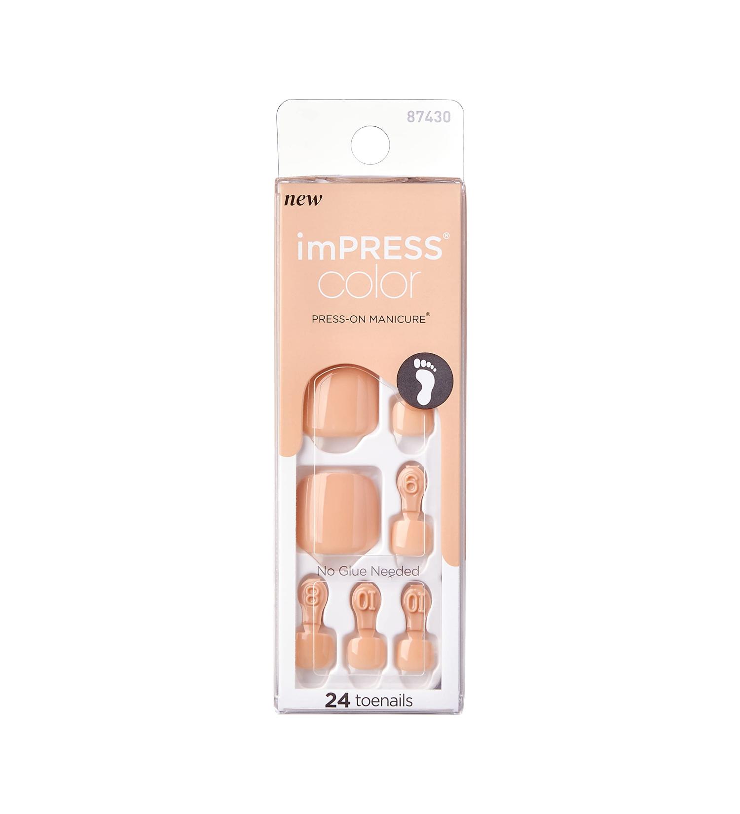 imPRESS Color Press-On Pedicure Fake Toenails Kit - Sweet Love Style, Dark Tan Square Shaped Nails with Prep Pad, Mini Nail File, Cuticle Stick - 24 Fake Nails - Buy Online on SooperMarket.com