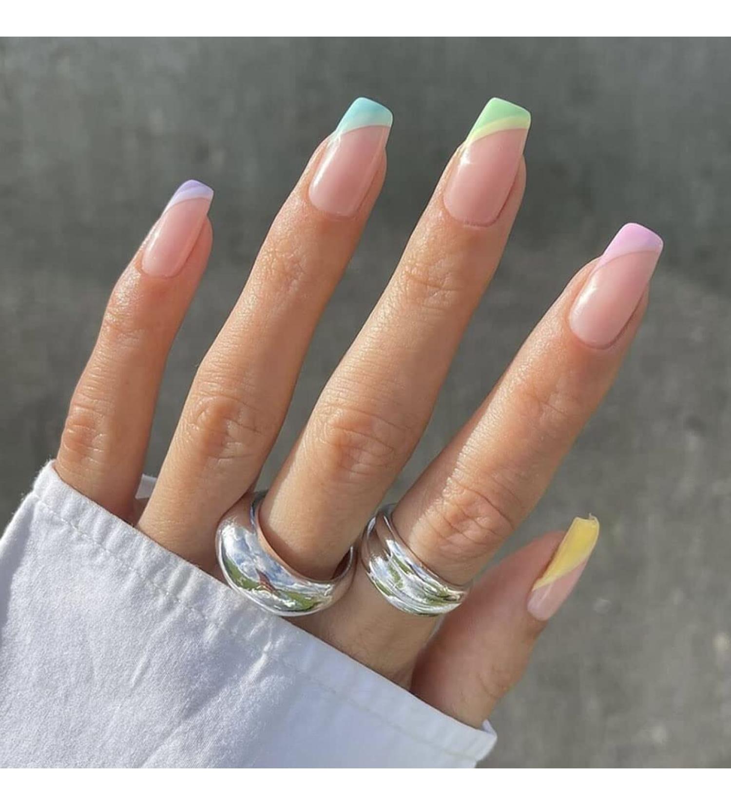 Sethexy French Short Square False Nails Collection - 24Pcs Glossy Rainbow Side French Press On Nails - Buy Online on SooperMarket.com