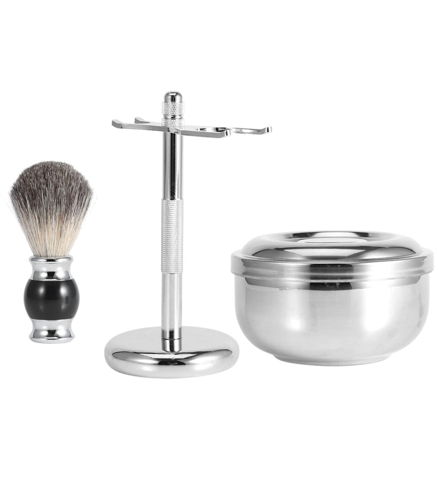 Professional Mens Shaving Kit: Faux Badger Hair Brush Alloy Soap Bowl & Stand Holder - Perfect for a Luxurious Grooming Experience - Buy Online on SooperMarket.com