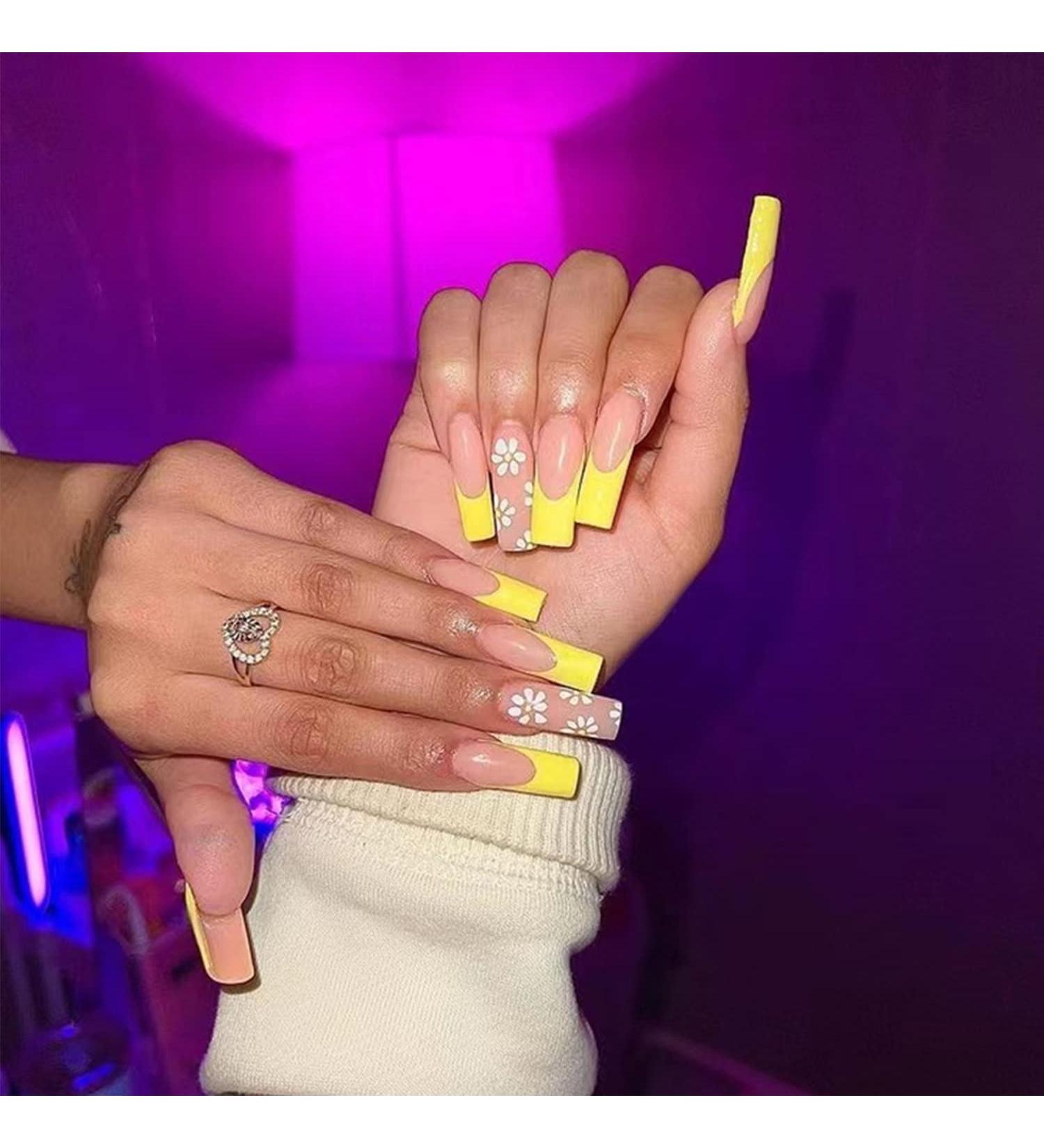 Luvadeyo 24 PCs Yellow White Flower Press-On Nails | Long Summer Ballerina Fake Nails with Glue for Women - Buy Online on SooperMarket.com