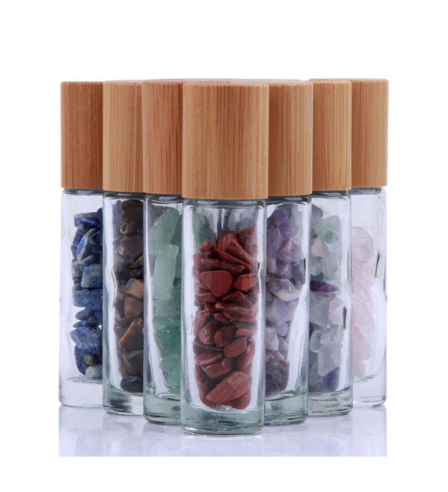 10 Pack 10ml Clear Glass Roller Bottles with Gemstone Roller Balls and Bamboo Lid - Healing Crystal Chips Inside - Buy Online on SooperMarket.com