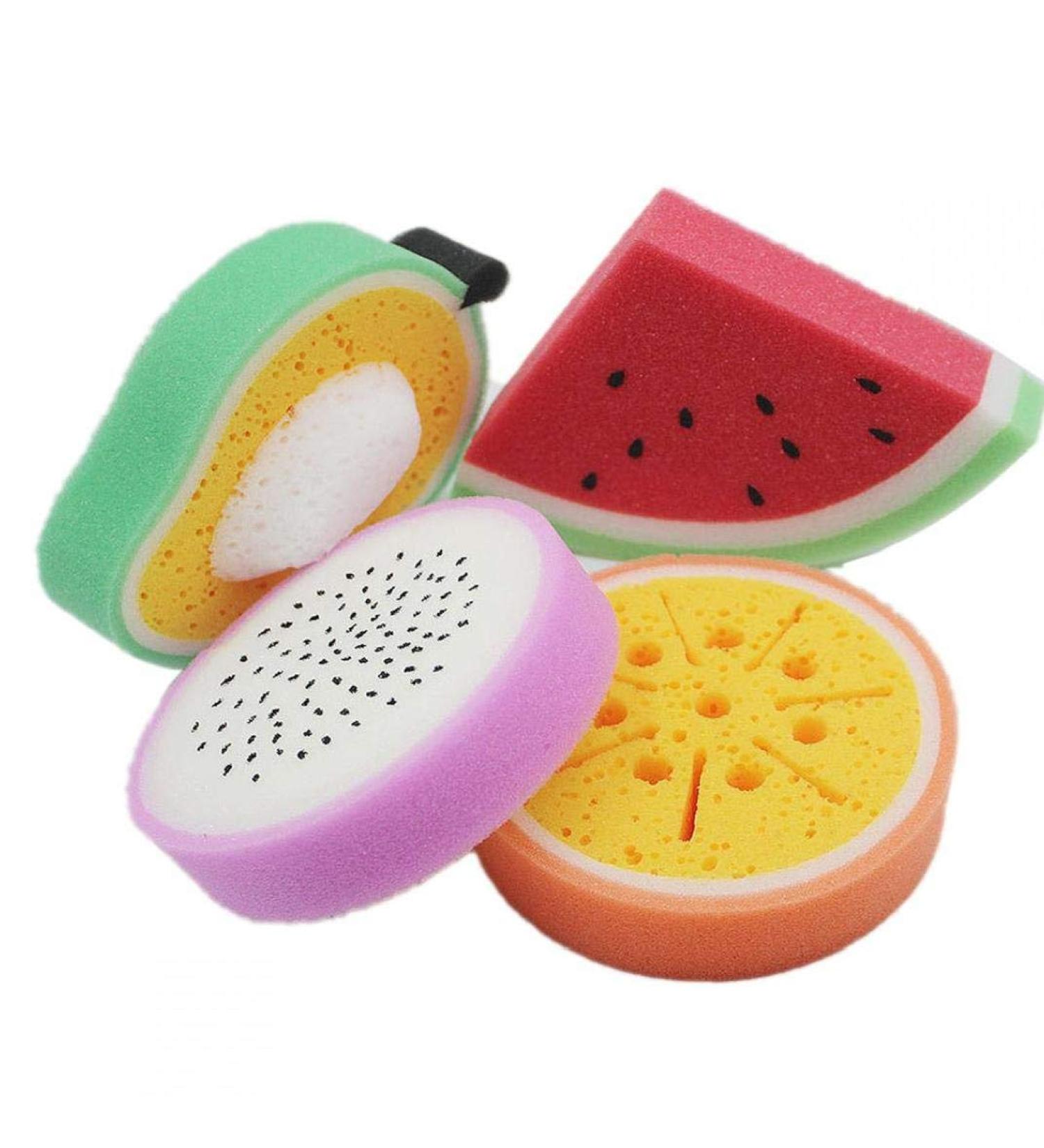 AMOYER 3 Pcs Cartoon Bath Sponge Set | Fruit Shape Cleaning Sponges for Kids & Adults | Fun Bathroom Accessories - Buy Online on SooperMarket.com