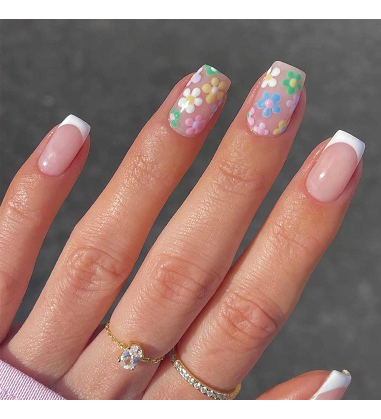 RikView French Tip Press on Nails Medium - White Floral Square Acrylic Fake Nails - Buy Online on SooperMarket.com