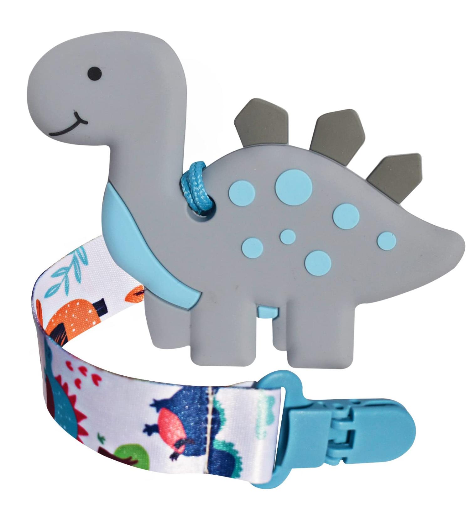BigSpinach Soft Grey Dinosaur Teether & Pacifier Clip Set - Valentines Day Gift for Baby Boy | Silicone Teething Toy & Chew Toys - Buy Online on SooperMarket.com