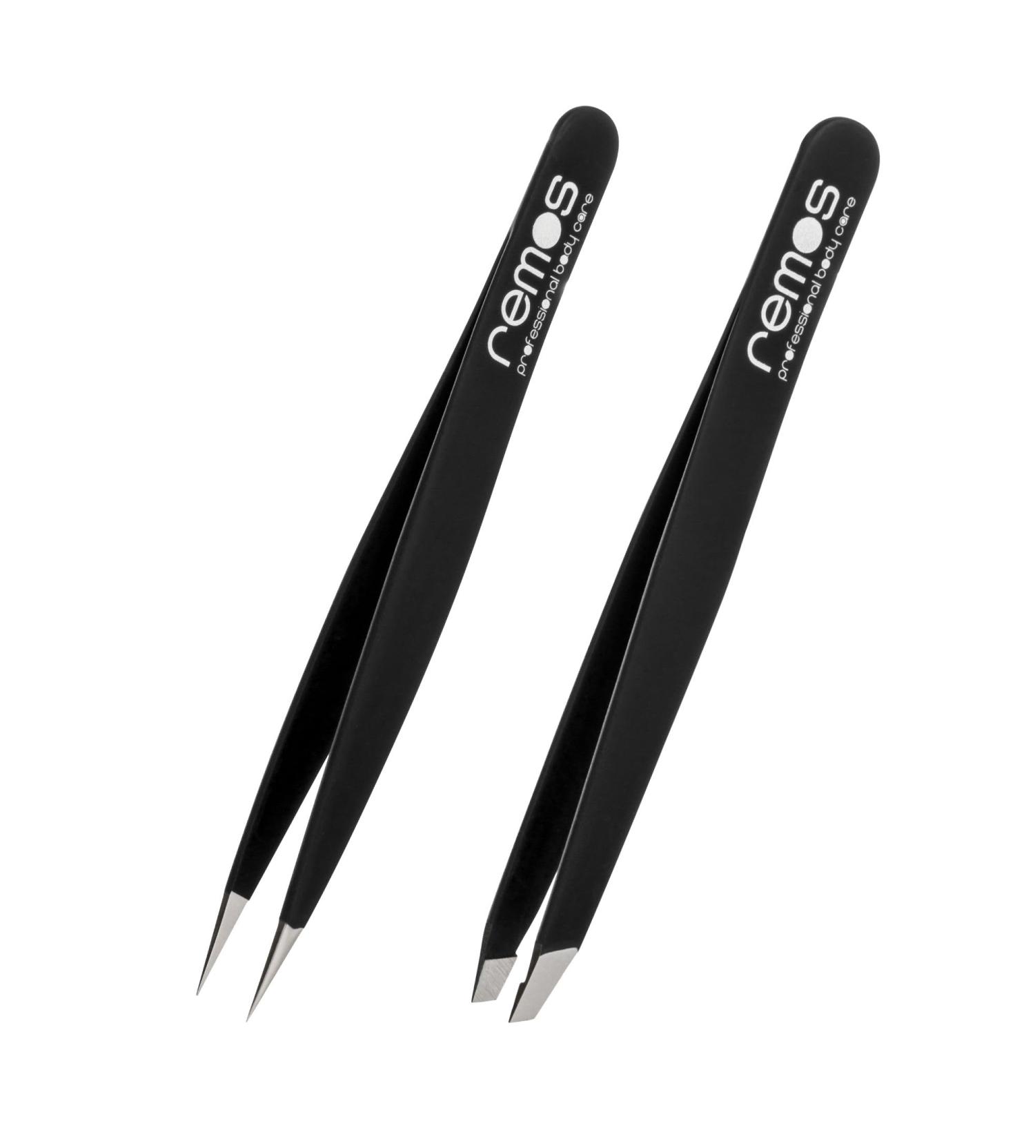 REMOS 2-Piece Tweezers Set - Eyebrow & Splinter Tweezers in Black | International Shipping - Buy Online on SooperMarket.com