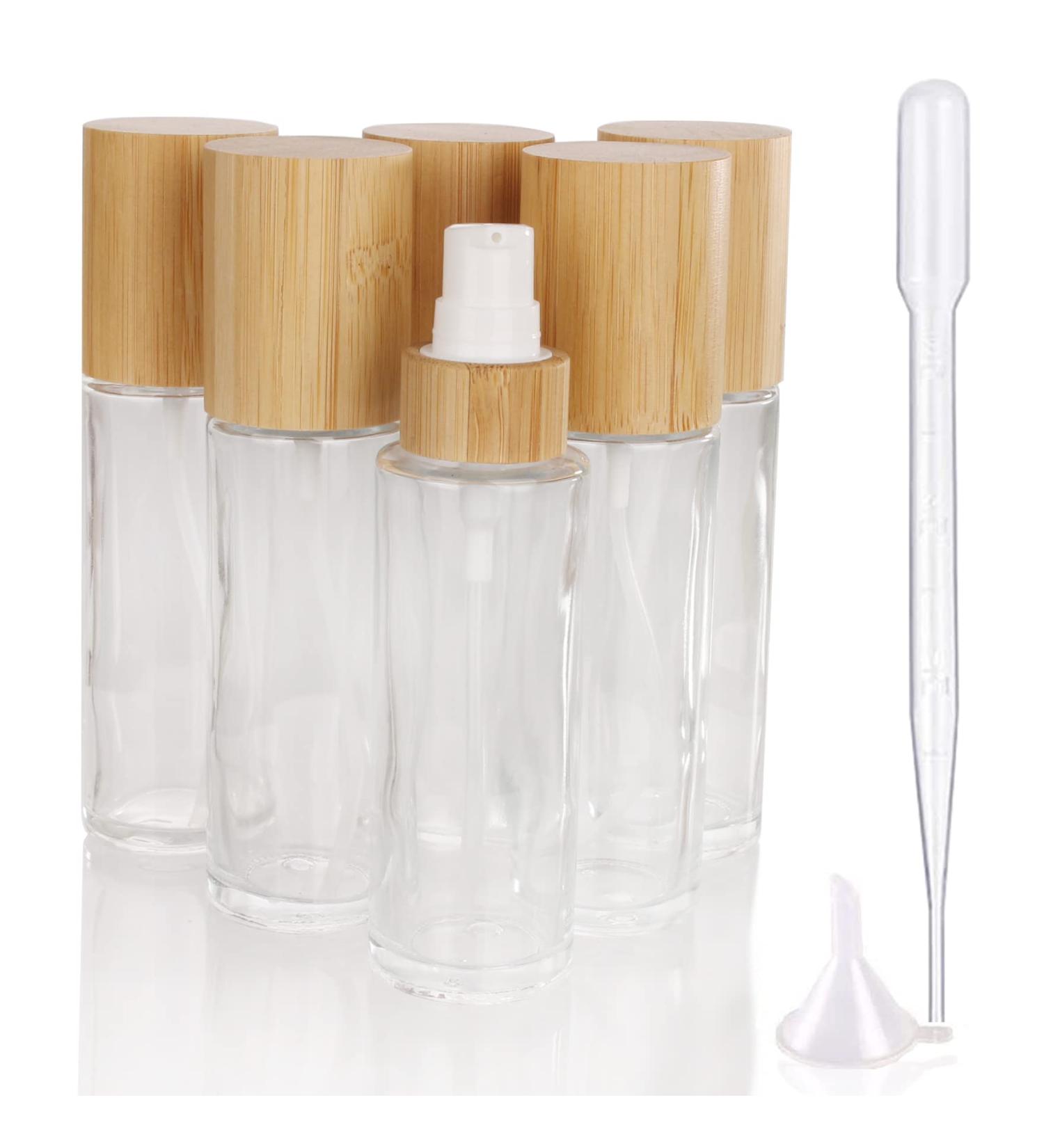 COSIDEA 6 pcs Empty 2oz / 60ml bamboo lids clear glass bottle with lotion pump dispenser refillable emulsion cosmetic cream bottles toiletries refill travel container 60ml With Lotion Pump - Buy Online on SooperMarket.com