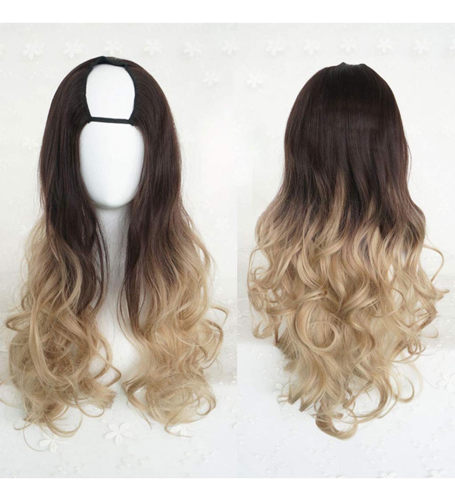 GJBXP Harajuku Long Wavy Curly U-Shaped Wig - 28 Heat Resistant Synthetic Hair with Mixed Gradient Dark Roots for Girls - Buy Online on SooperMarket.com