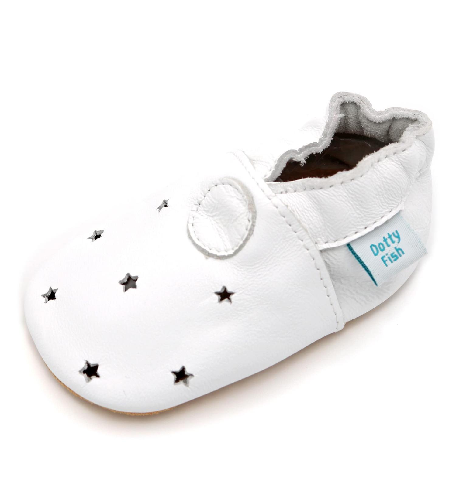Dotty Fish Soft Leather Baby Shoes | Non-Slip Suede Soles | Toddler Boys 0-6 Months to 4-5 Years | White Stars Design - Buy Online on SooperMarket.com