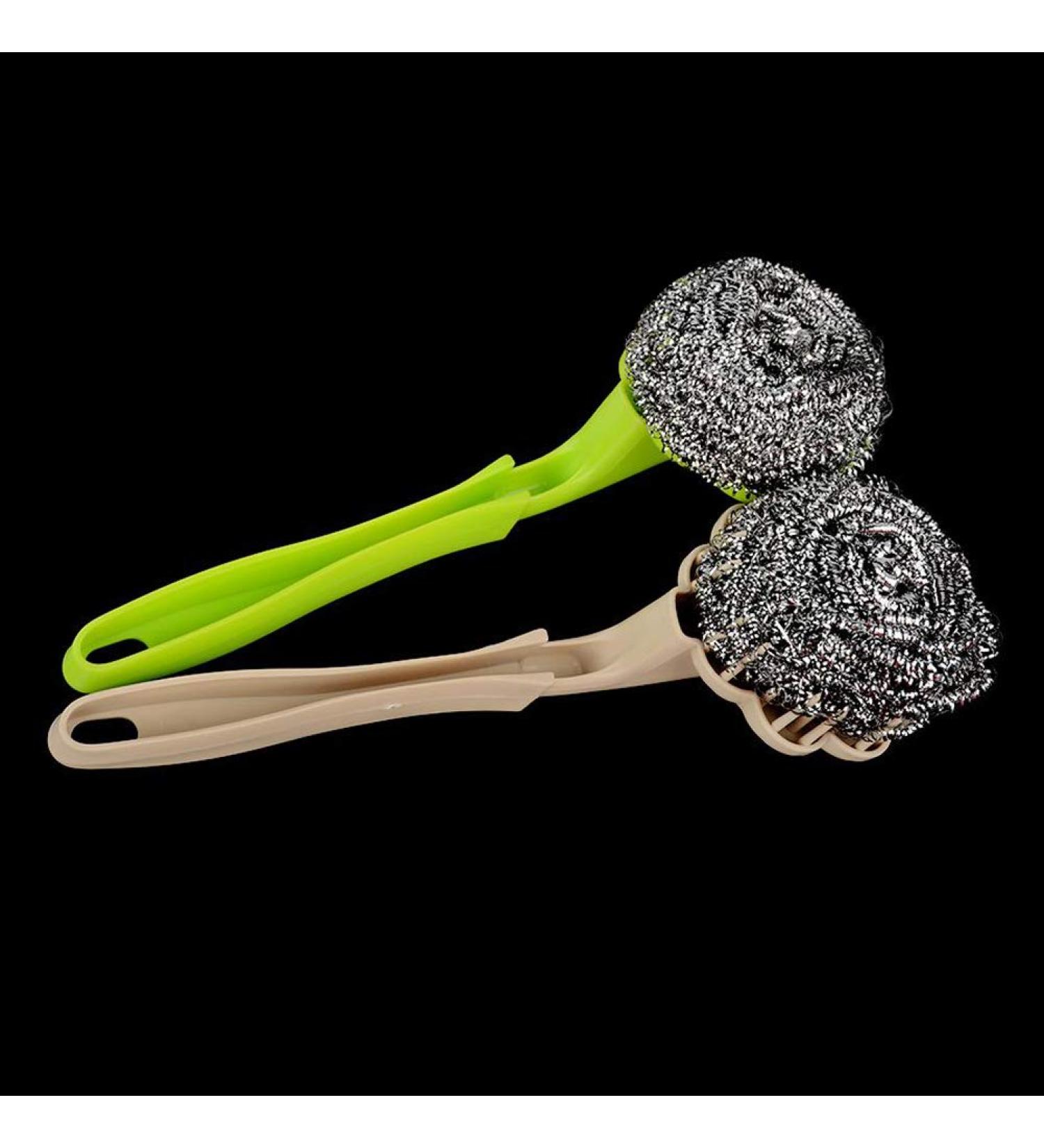 UTENEW Stainless Steel Wool Scourer Sponges Scrubbers Scouring Pads with Handle 2 Pack for Kitchen Bathroom - Buy Online on SooperMarket.com