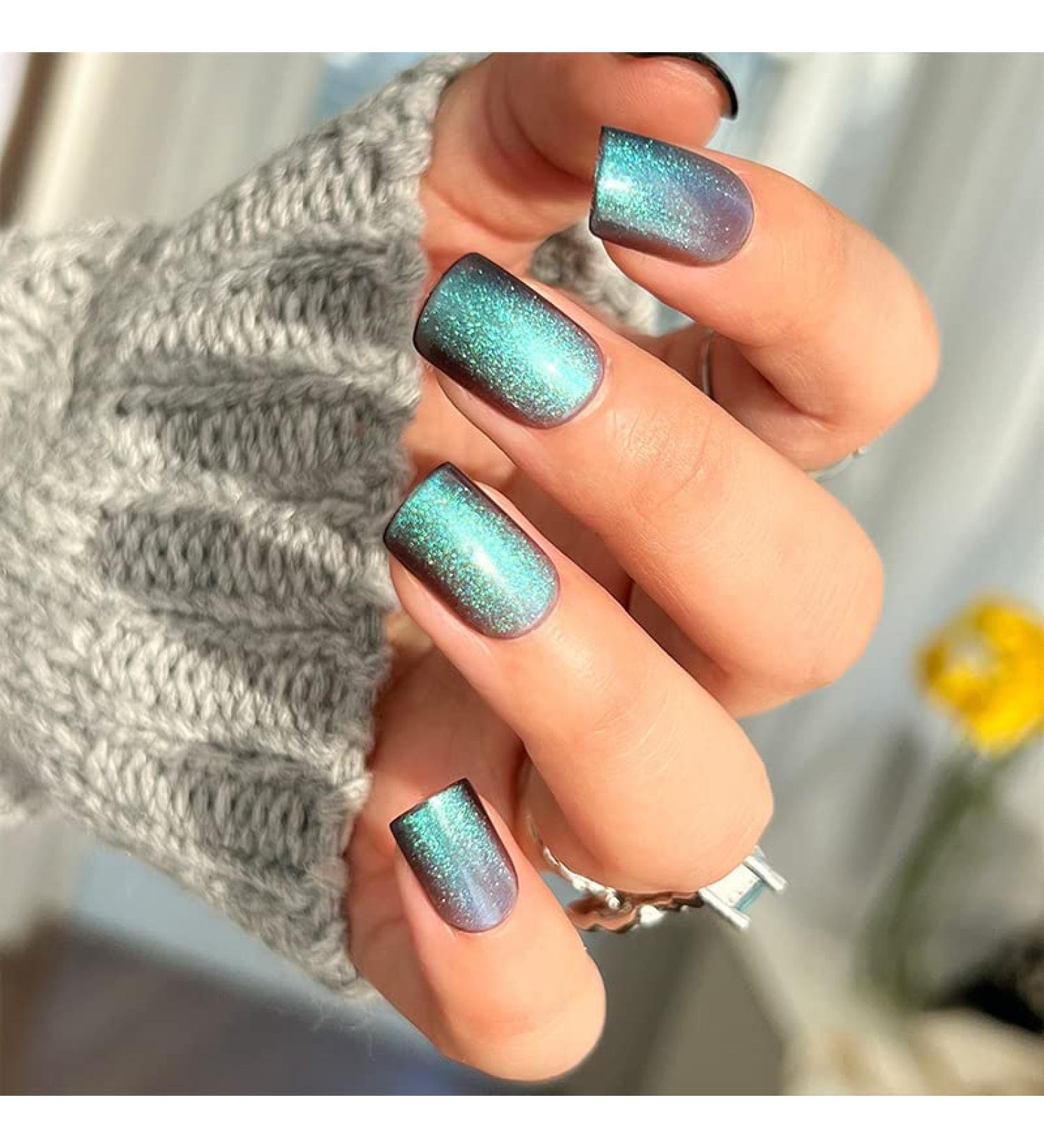 Short Holographic Blue False Nails - 24PC Press On Nails with Glue Stickers | Elegant Touch for Women - Perfect for Party or Daily Wear (JP1314) - Buy Online on SooperMarket.com