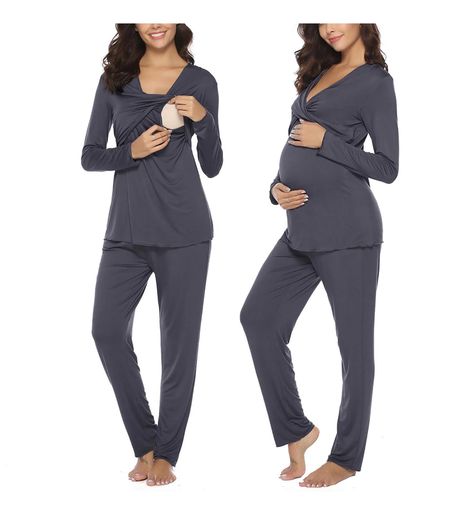 Irdcomps Women's Maternity Pyjamas Set - Cotton Nursing Nightwear PJ for Breastfeeding - Long Sleeve Sleepwear for Pregnancy - Dark Grey - Size L - Buy Online on SooperMarket.com