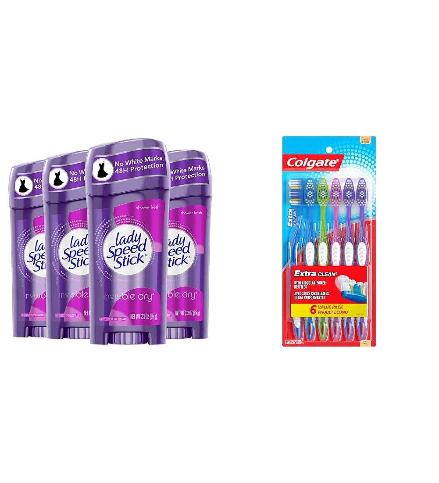 Lady Speed Stick Invisible Dry Antiperspirant Deodorant Shower Fresh 2.3oz 4 Pack & Colgate Extra Clean Toothbrush Soft Toothbrush for Adults 6 Count (Pack of 1) Packaging May Vary Shower Fresh + Toothbrush 2.3 Fl Oz (Pack of 4) - Buy Online on SooperMarket.com