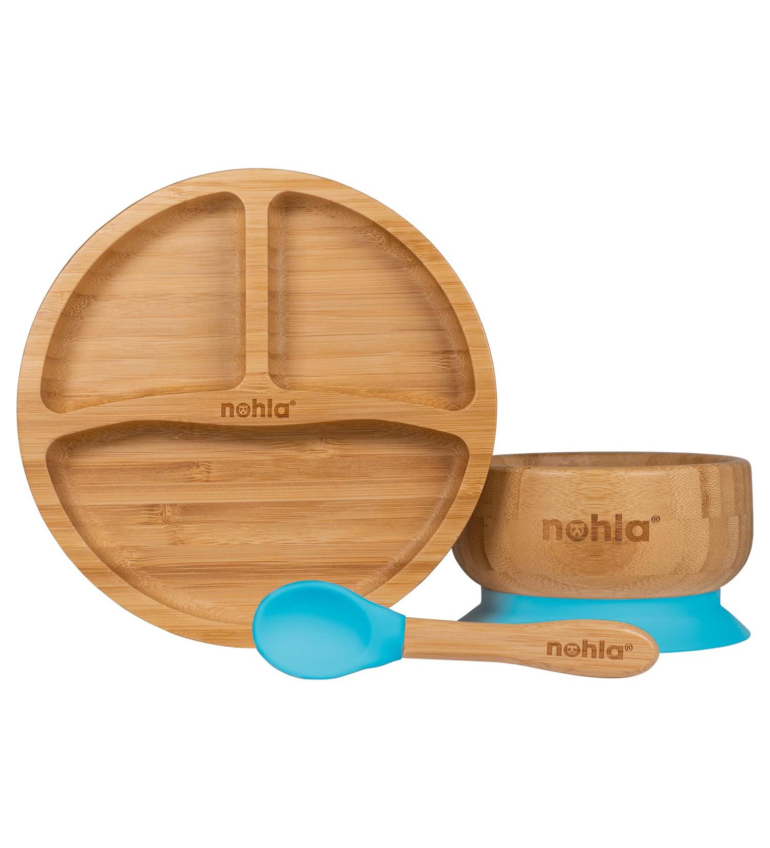 Nohla Bamboo Baby & Toddler Suction Plate Bowl Set with Silicone Spoon - Secure Grip on Smooth Surfaces - Eco-Friendly BPA-Free - Blue - Buy Online on SooperMarket.com