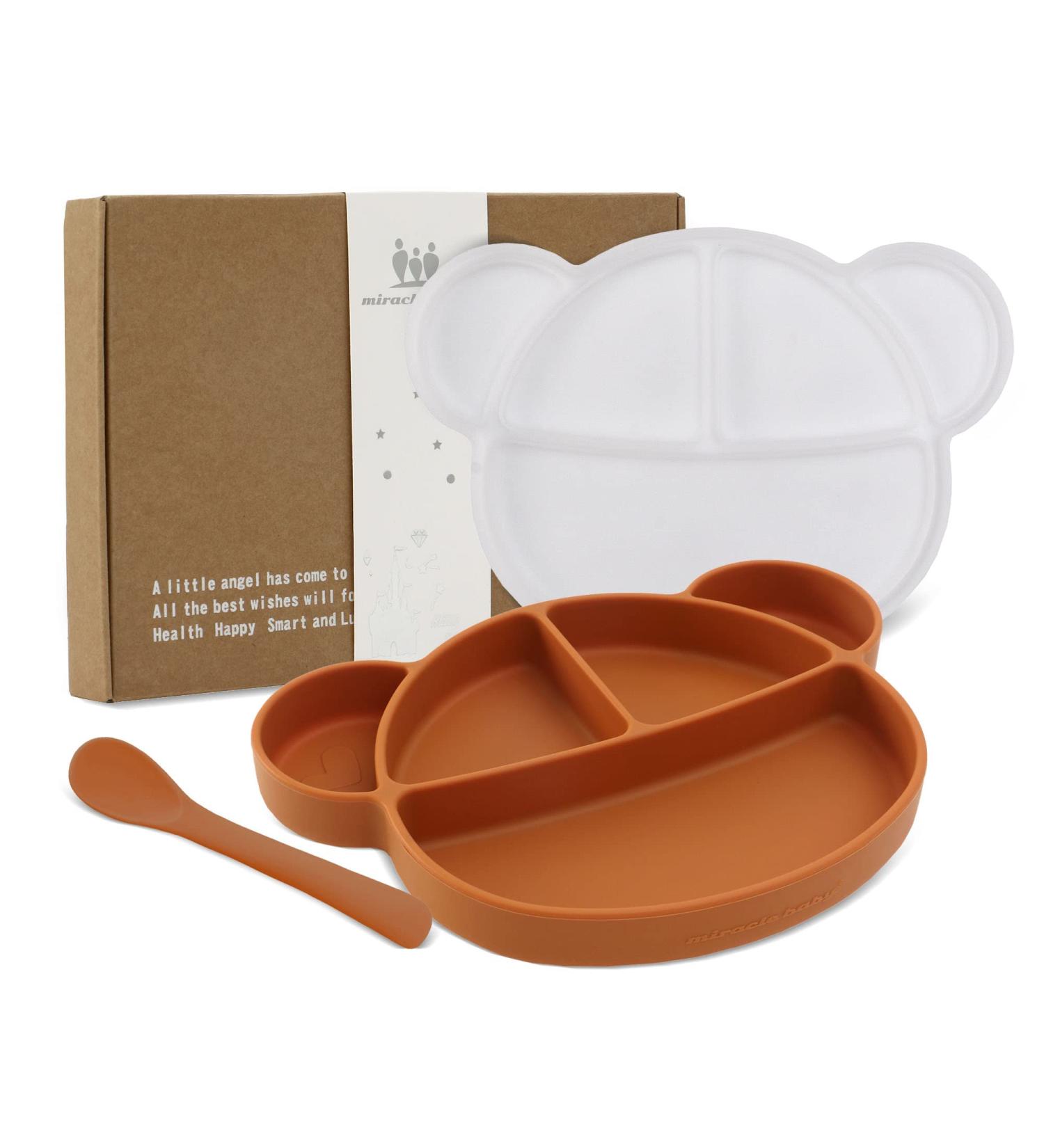 Suction Silicone Baby Plate with Lid & Spoon Set | BPA Free & Dishwasher Safe | Toddler Self Feeding Dinnerware | Kid Divided Weaning Plate - Caramel - Buy Online on SooperMarket.com