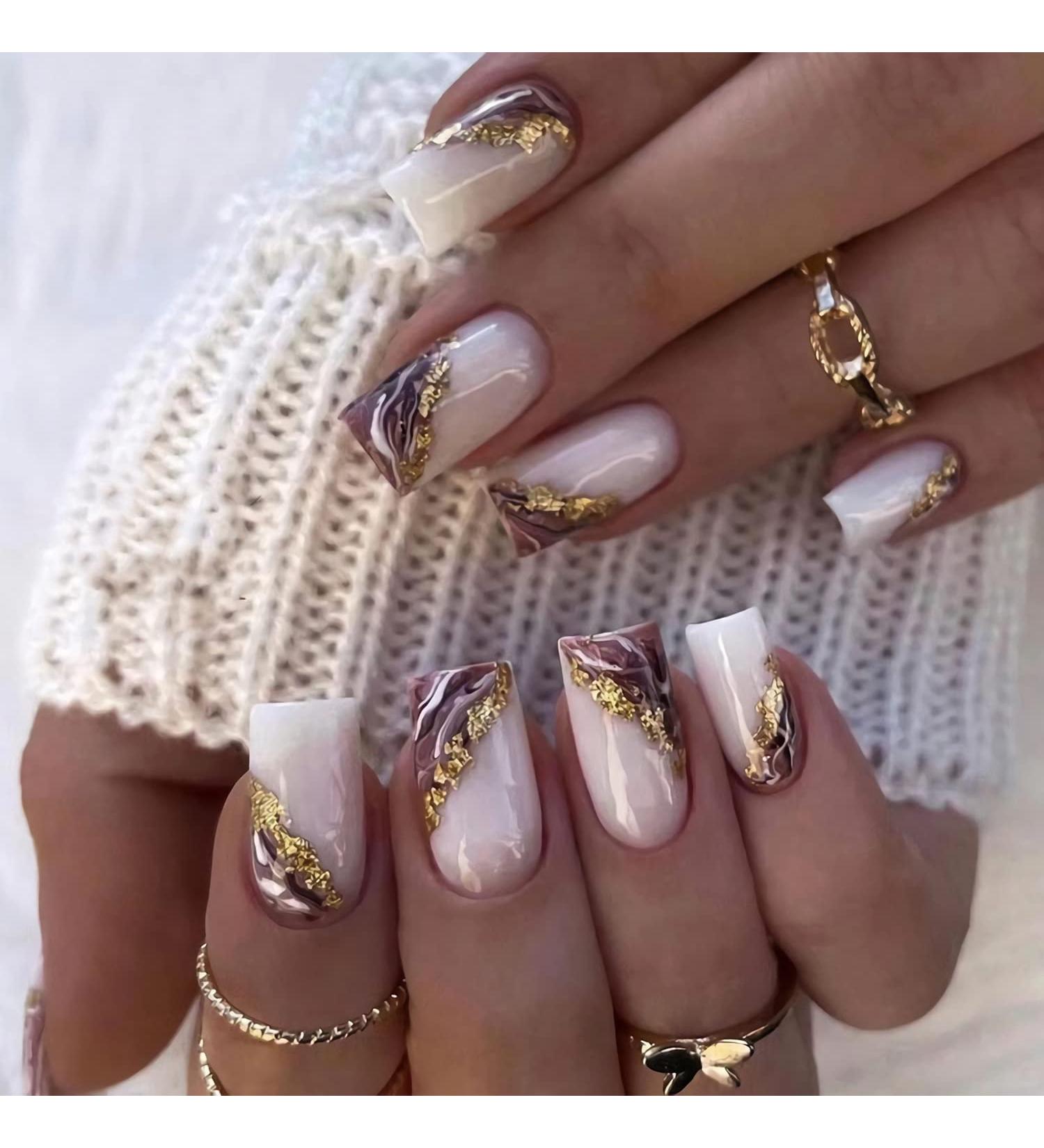 24PCS Gold Glitter Marble Square Press On Nails - Medium False Acrylic Nails for Women - Brown Full Cover Stick On Nails - Buy Online on SooperMarket.com