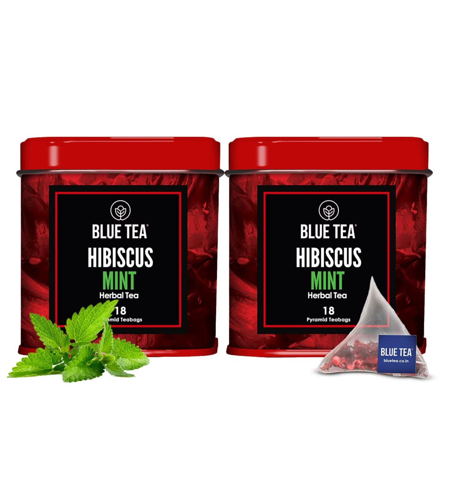 BLUE TEA - Hibiscus Mint Herbal Tea - 36 Tea Bags (Pack of 2) | CAFFEINE FREE | Hibiscus + Mint | Farm Packed Hibiscus Tea | Tin Packing - Buy Online on SooperMarket.com