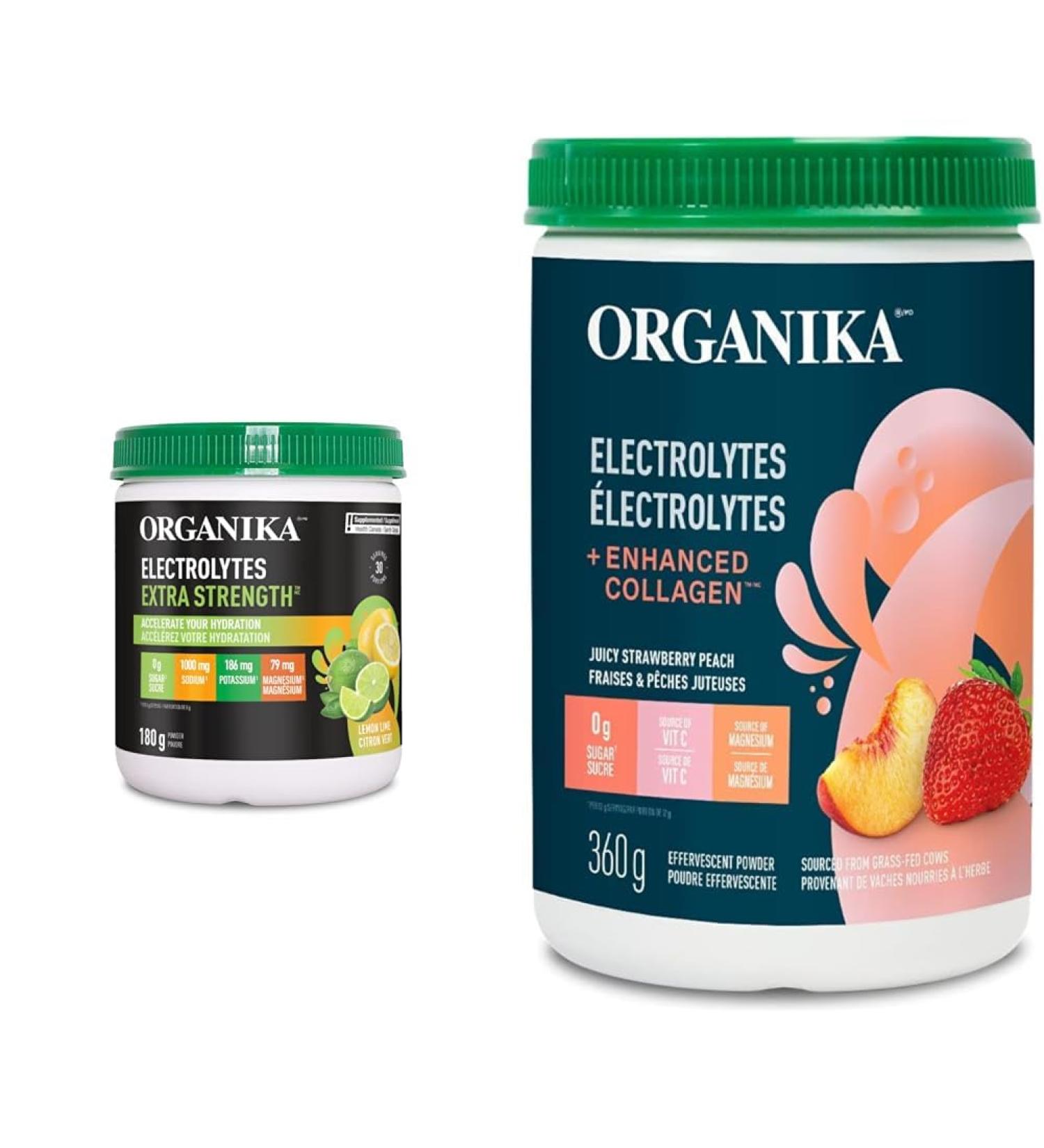 Organika Electrolytes Extra-Strength Powder- Lemon Lime- High in Sodium for Sport Recovery & Electrolytes + Enhanced Collagen- Strawberry Peach Flavour- Sugar-Free Hydration + Protein - Buy Online on SooperMarket.com
